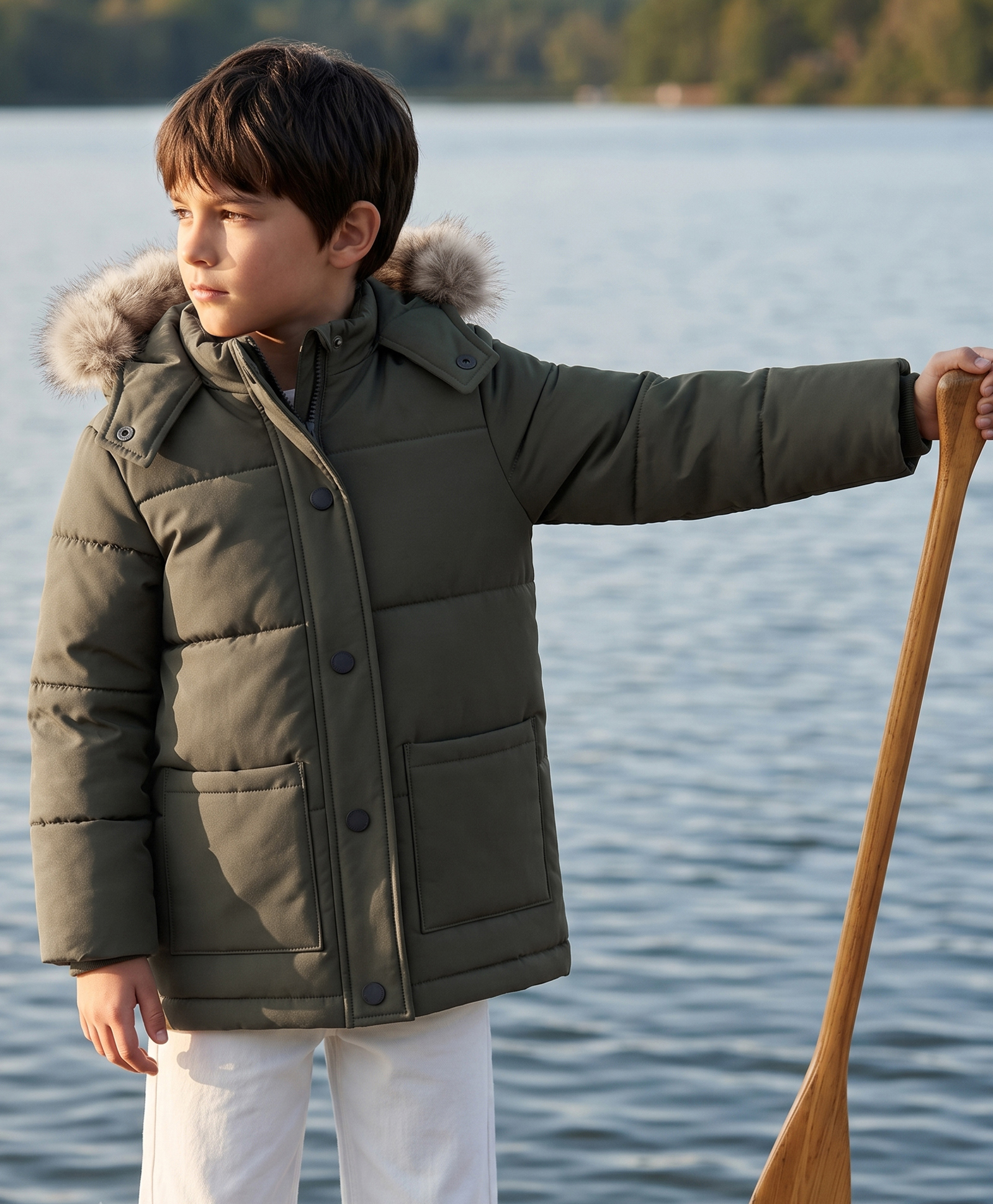 Pine Kids Woven Hooded Winter Jacket with Full Sleeves and Fur - Olive Green-picture-25