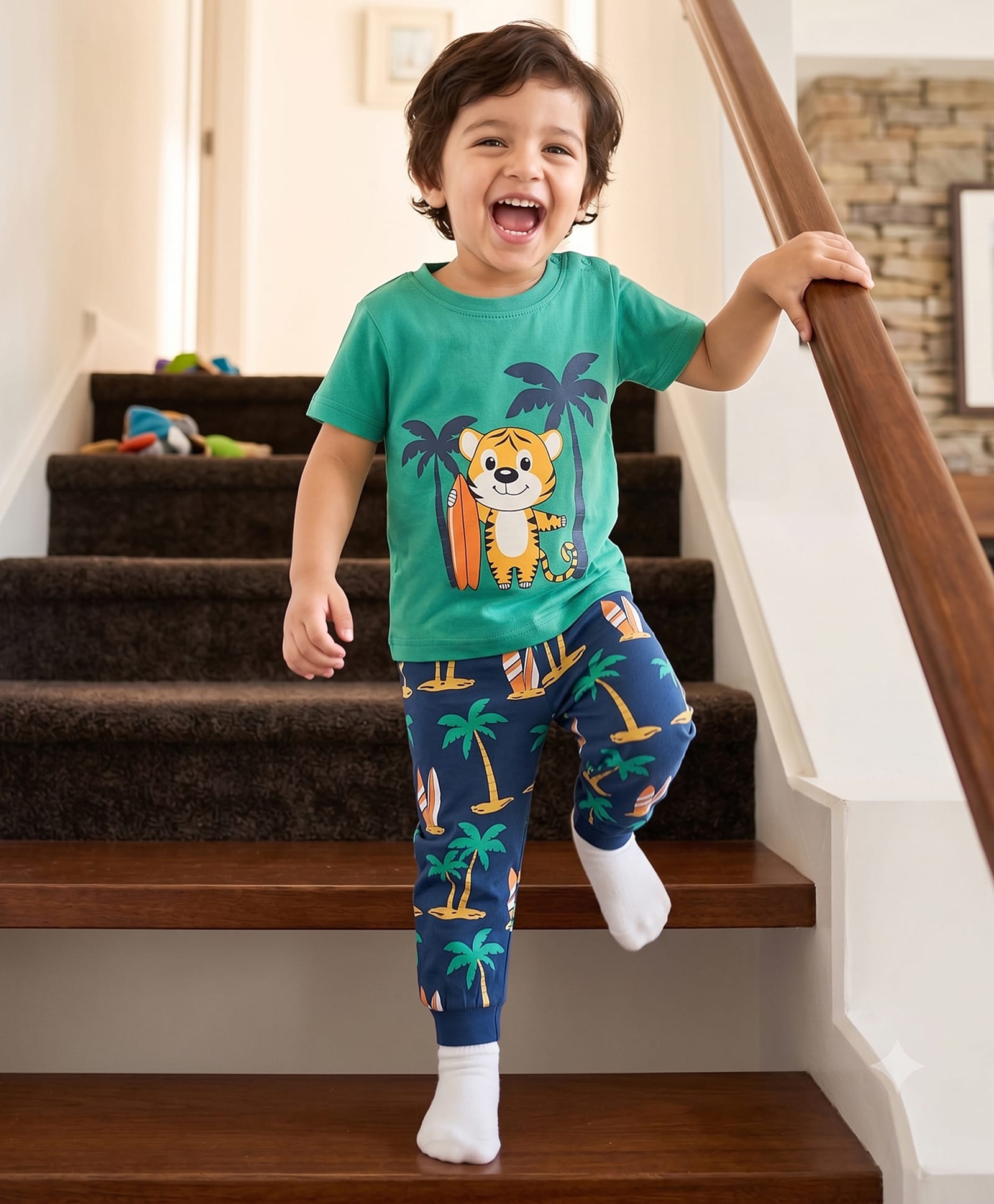 Babyhug Cotton Knit Half Sleeves Bear & Surfing Printed T-Shirt & Pyjama Night Suit - Green-image-17