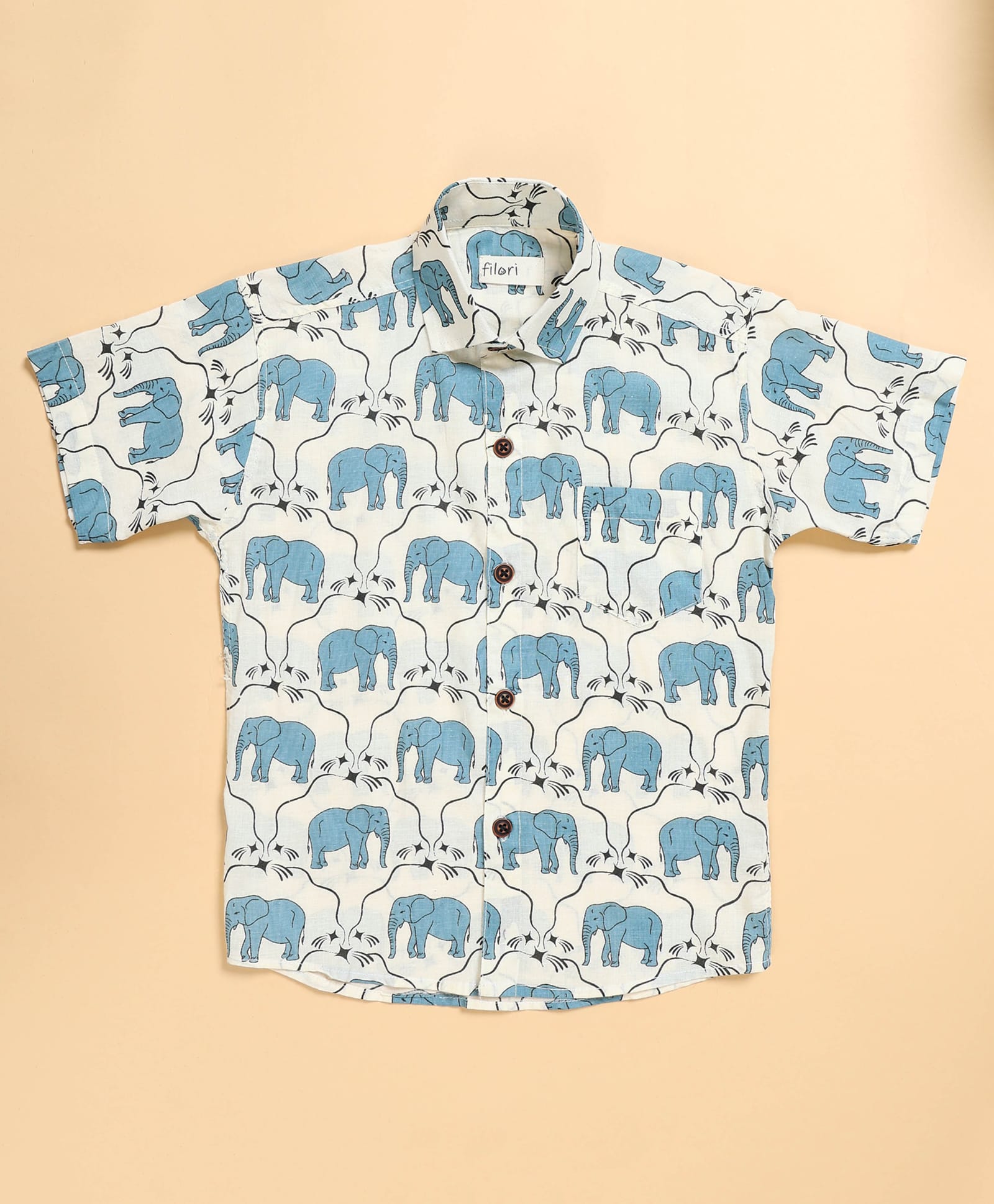 FILORI Cotton Woven Half Sleeves Elephant Printed Shirt - Off White & Light Blue-picture-28