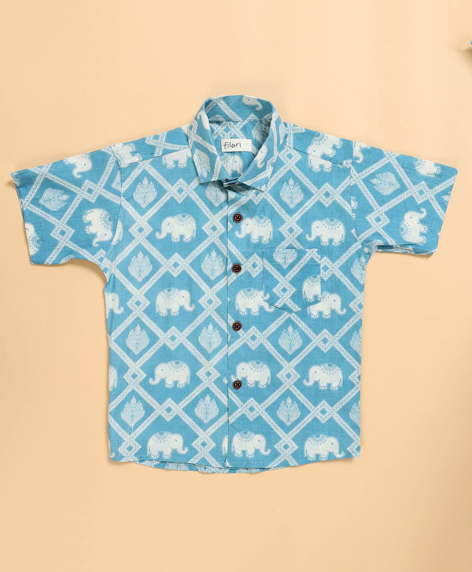 FILORI Cotton Woven Half Sleeves Elephant & Leaves Printed Shirt - Light Blue-image-17