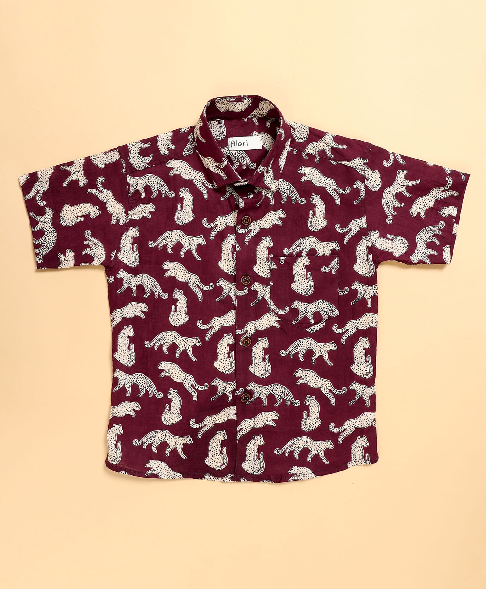 FILORI Cotton Woven Half Sleeves Leopard Printed Shirt - Burgundy-image-44