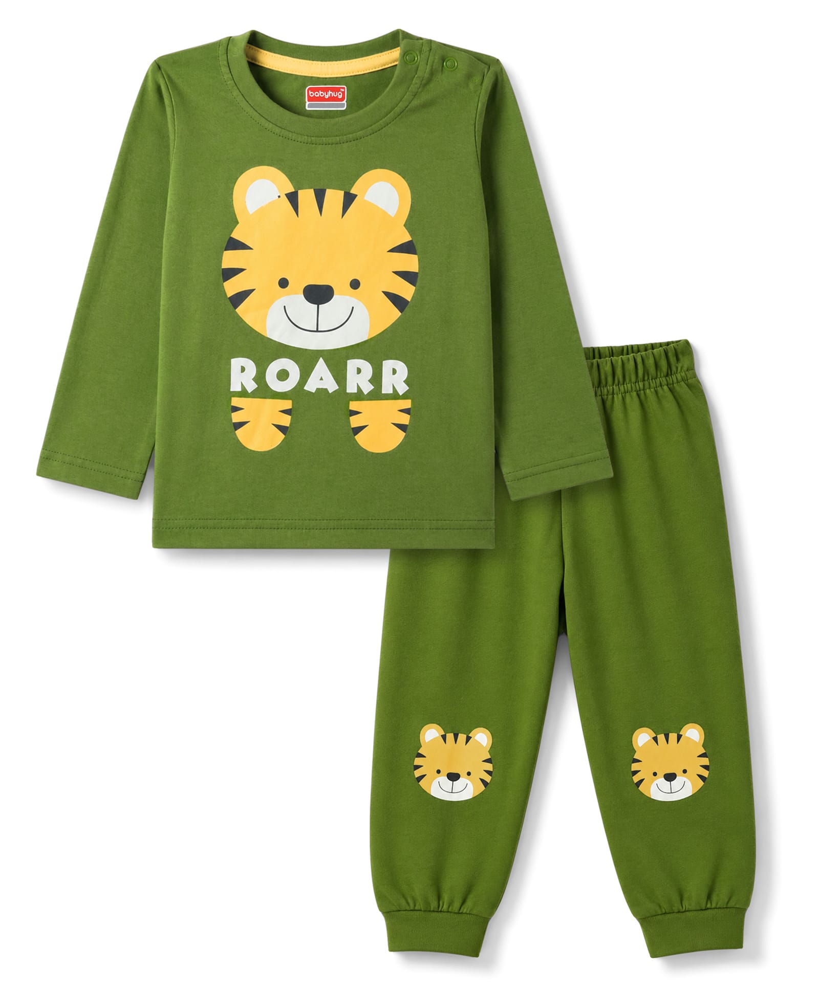Babyhug Cotton Knit Full Sleeves Tiger Printed T-Shirt & Pyjama Night Suit - Olive Green-image-28