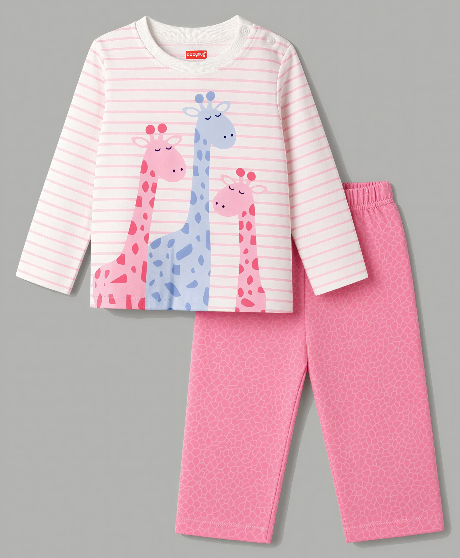 Babyhug Cotton Knit Full Sleeves Striped T-Shirt & Pyjama Night Suit Giraffe Print -Pink-image-36