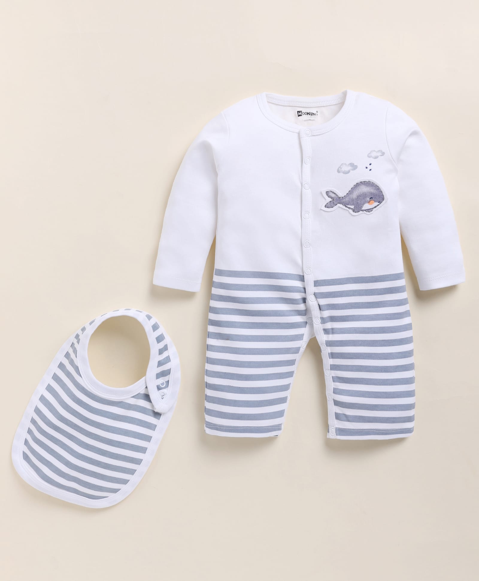 MOONKIDS Cotton Knit Full Sleeves Fish Patch Detailed & Striped Romper With Bib - White-image-11