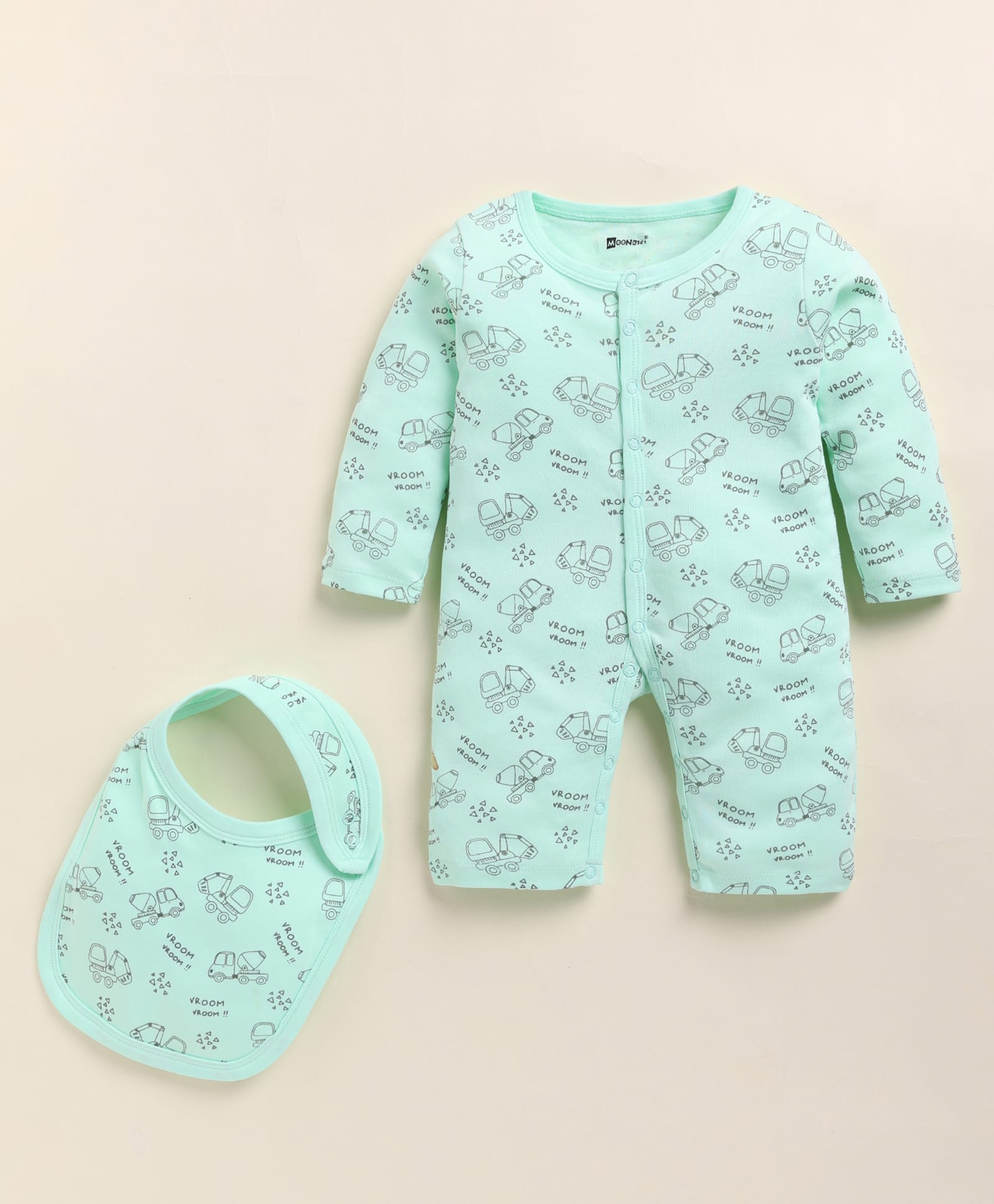 MOONKIDS Cotton Knit Full Sleeves Excavator Printed Romper With Bib - Green-picture-1
