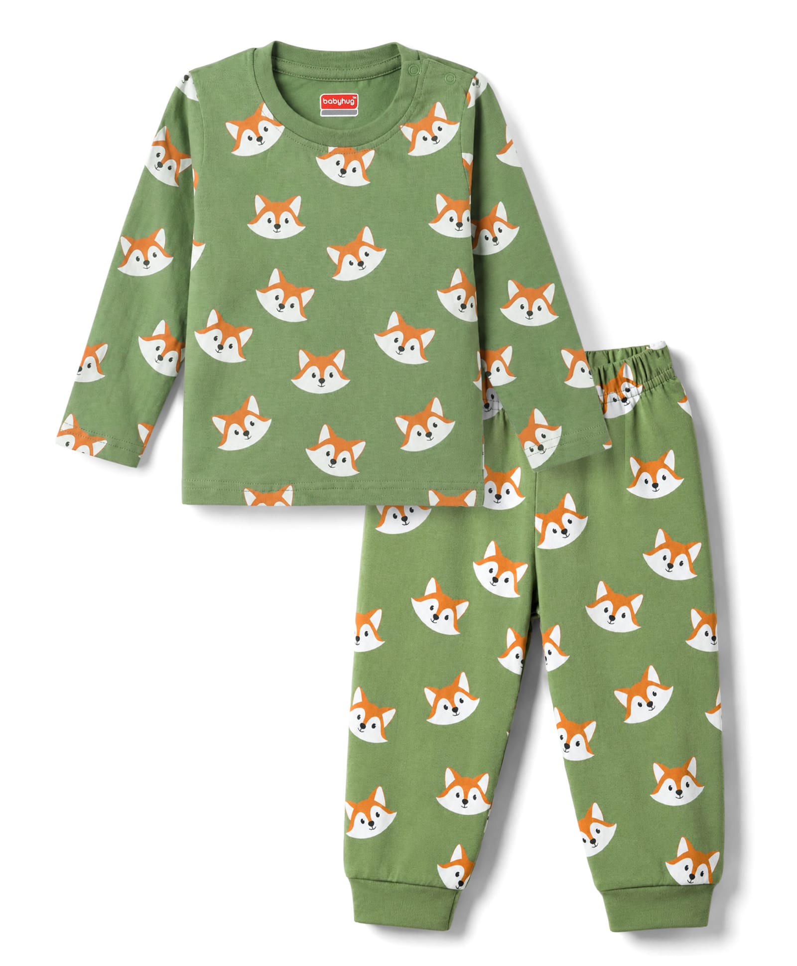 Babyhug Cotton Knit Full Sleeves Fox Printed Co-Ords T-Shirt & Pyjama Night Suit - Green-image-37