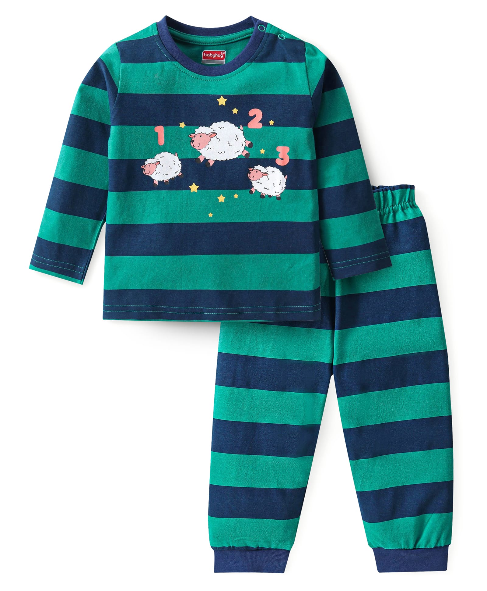 Babyhug Cotton Knit Full Sleeves Sheep Printed T-Shirt & Pyjama Night Suit - Navy & Green-image-16