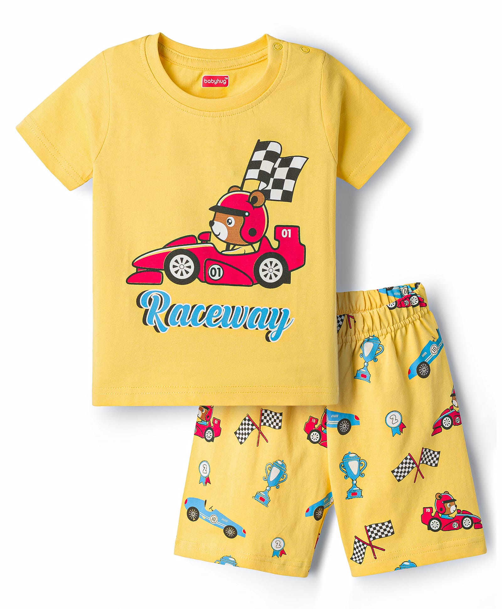 Babyhug Cotton Knit Half Sleeves Car Racing Printed T-Shirt & Shorts Night Suit -Yellow-image-24