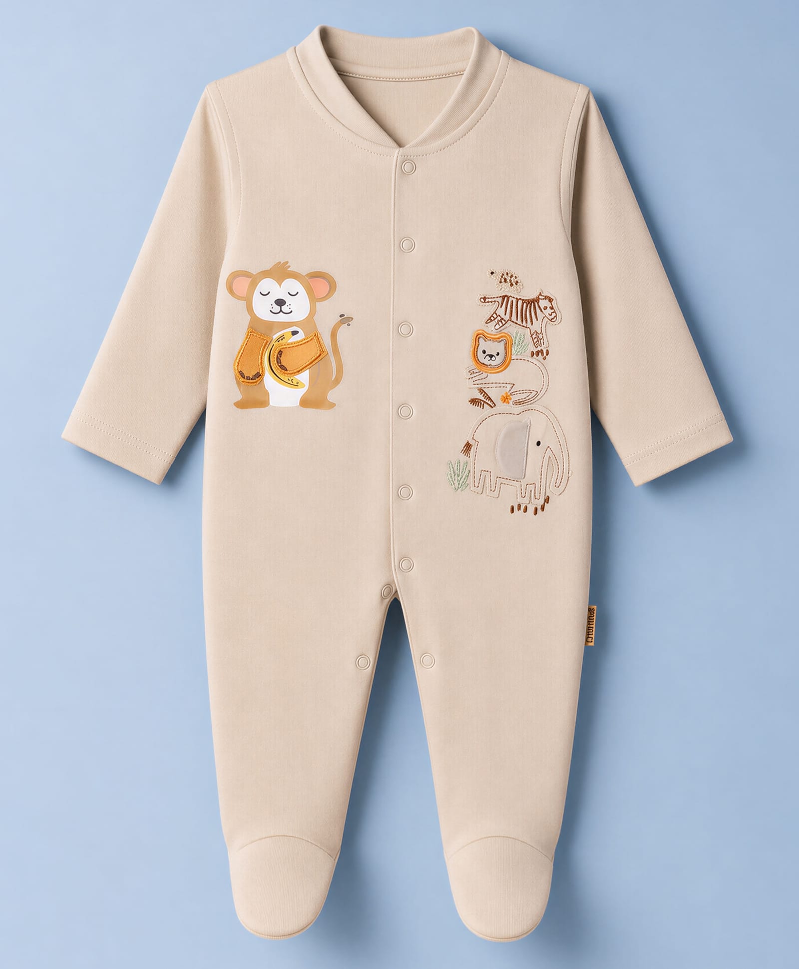 Child World Interlock Knit Full Sleeves Sleep Suit with Animals Embroidery - Brown-picture-18