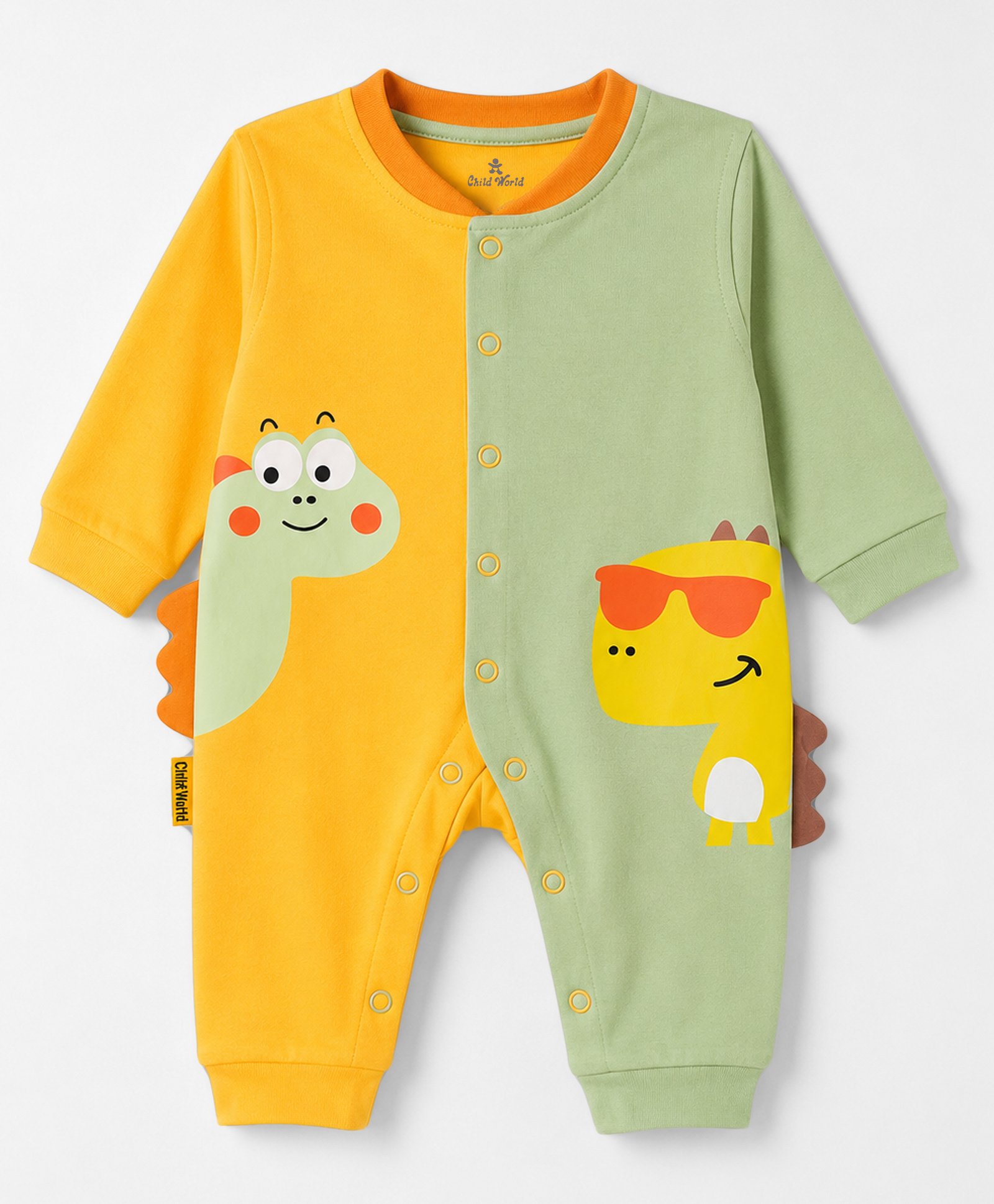 Child World Interlock Knit Full Sleeves Romper With Dino Print - Yellow-image-23