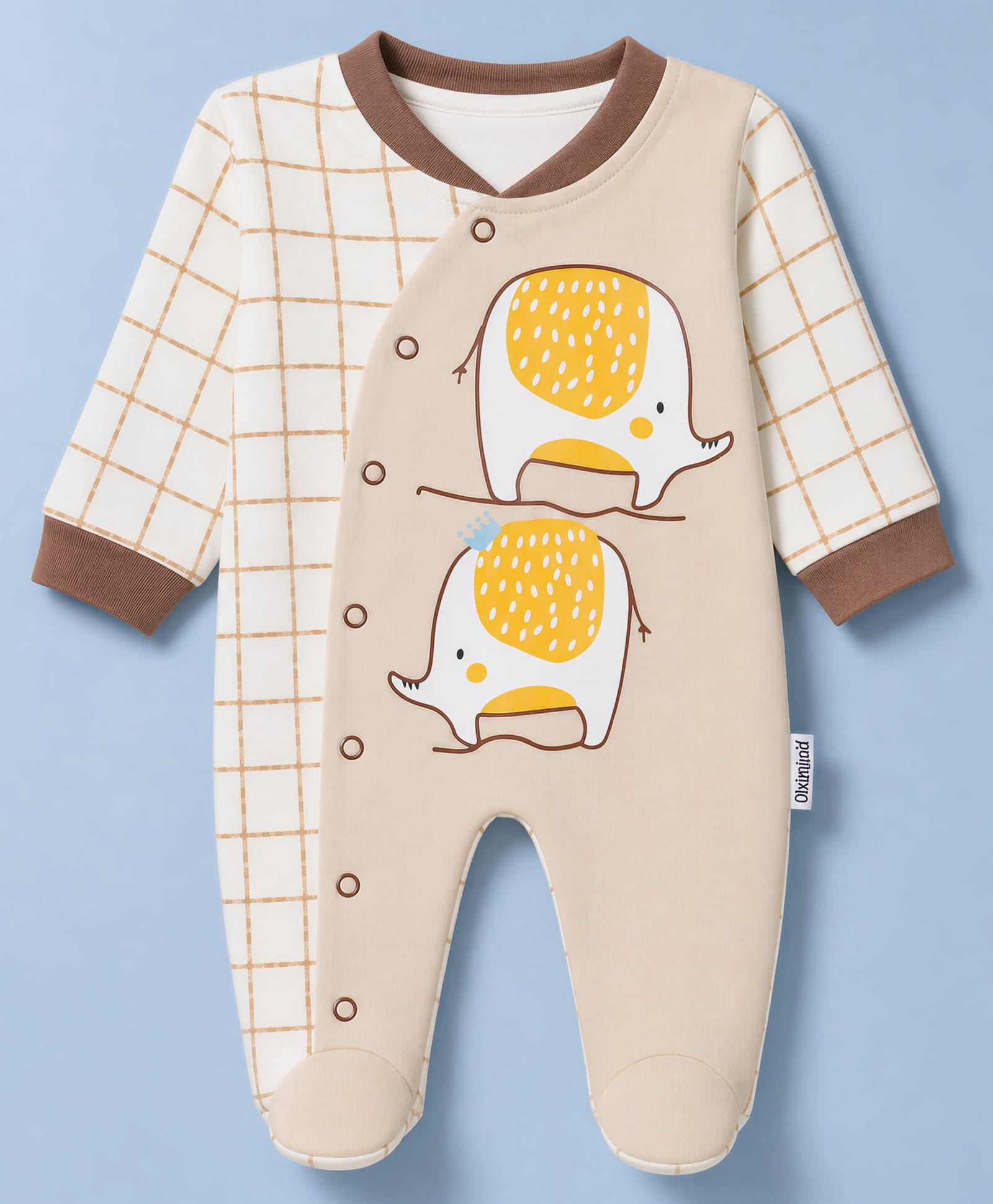 Child World Interlock Knit Full Sleeves Sleep Suit with Checks & Animal Print - Offwhite-picture-10