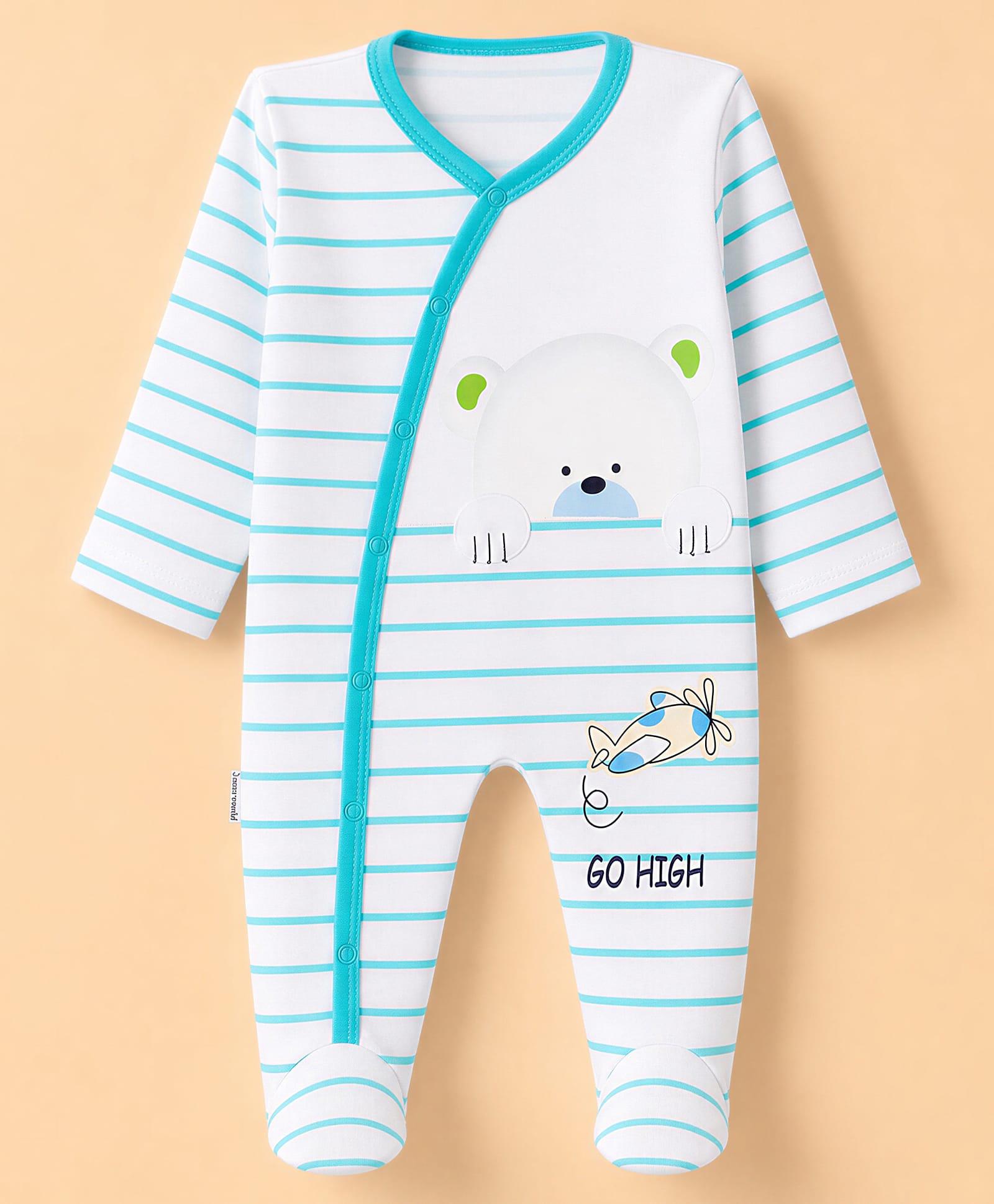 Child World Interlock Knit Full Sleeves Striped Sleep Suit with Bear & Go High Print - Blue-picture-29