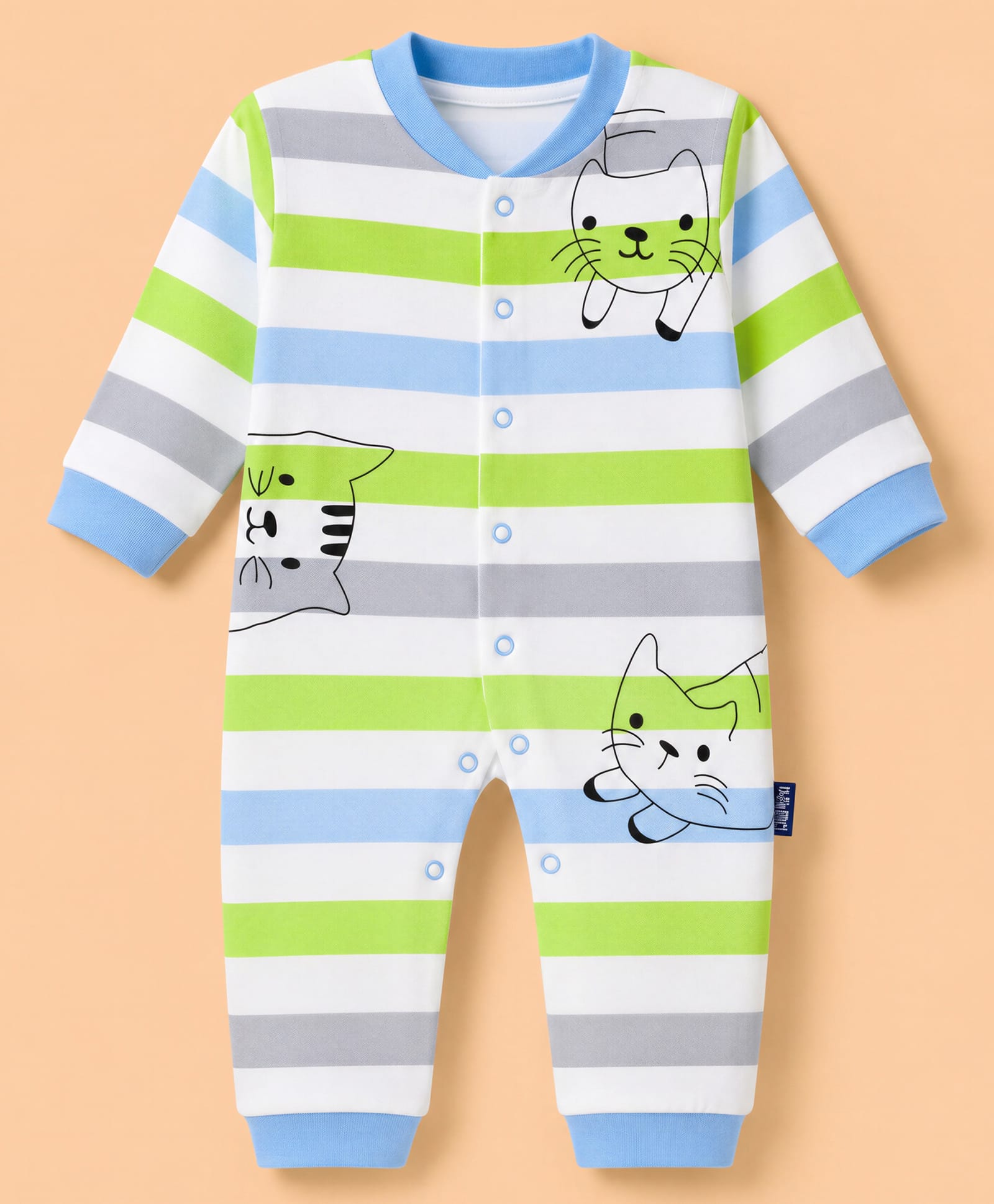 Child World Interlock Knit Full Sleeves Striped Kitty Printed Rompers- Light Green-picture-13