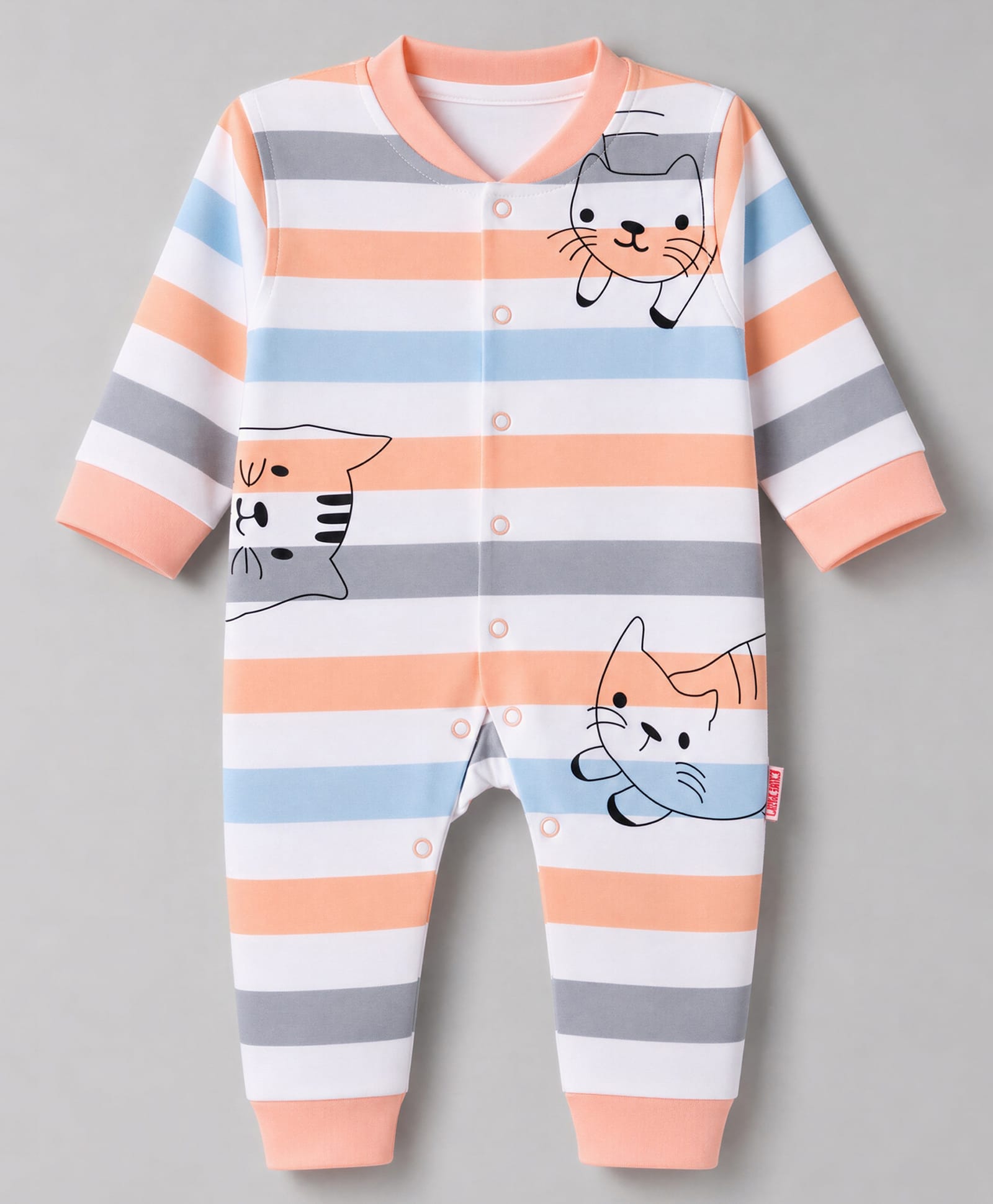 Child World Interlock Knit Full Sleeves Striped Kitty Printed Rompers- Peach-picture-17