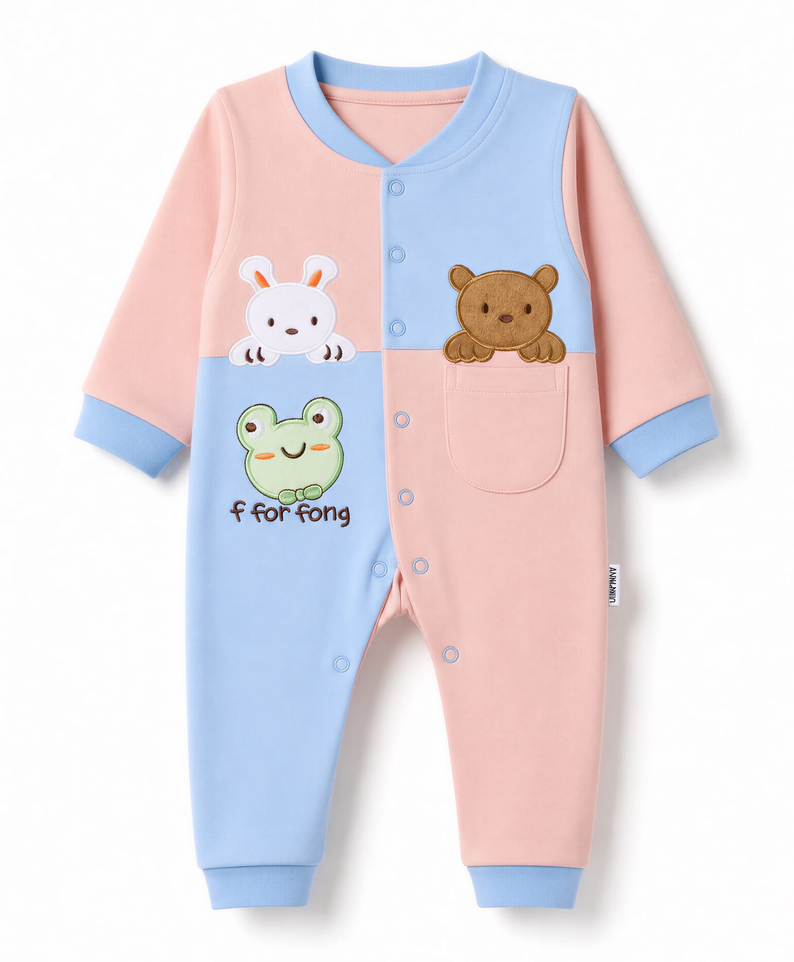 Child World Interlock Knit Full Sleeves Animals Embroidered Romper - Light Blue & Pink-picture-7