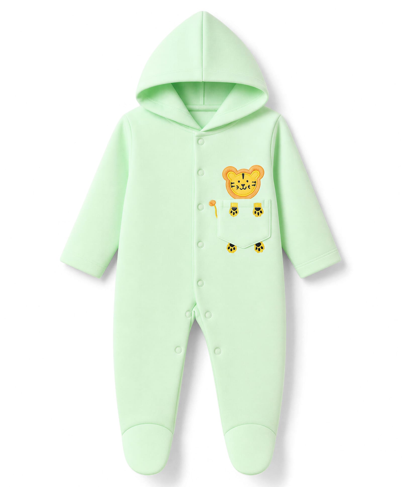 Child World Fleece Knit Full Sleeves Hooded Sleep Suit with Tiger Embroidery - Light Green-image-20