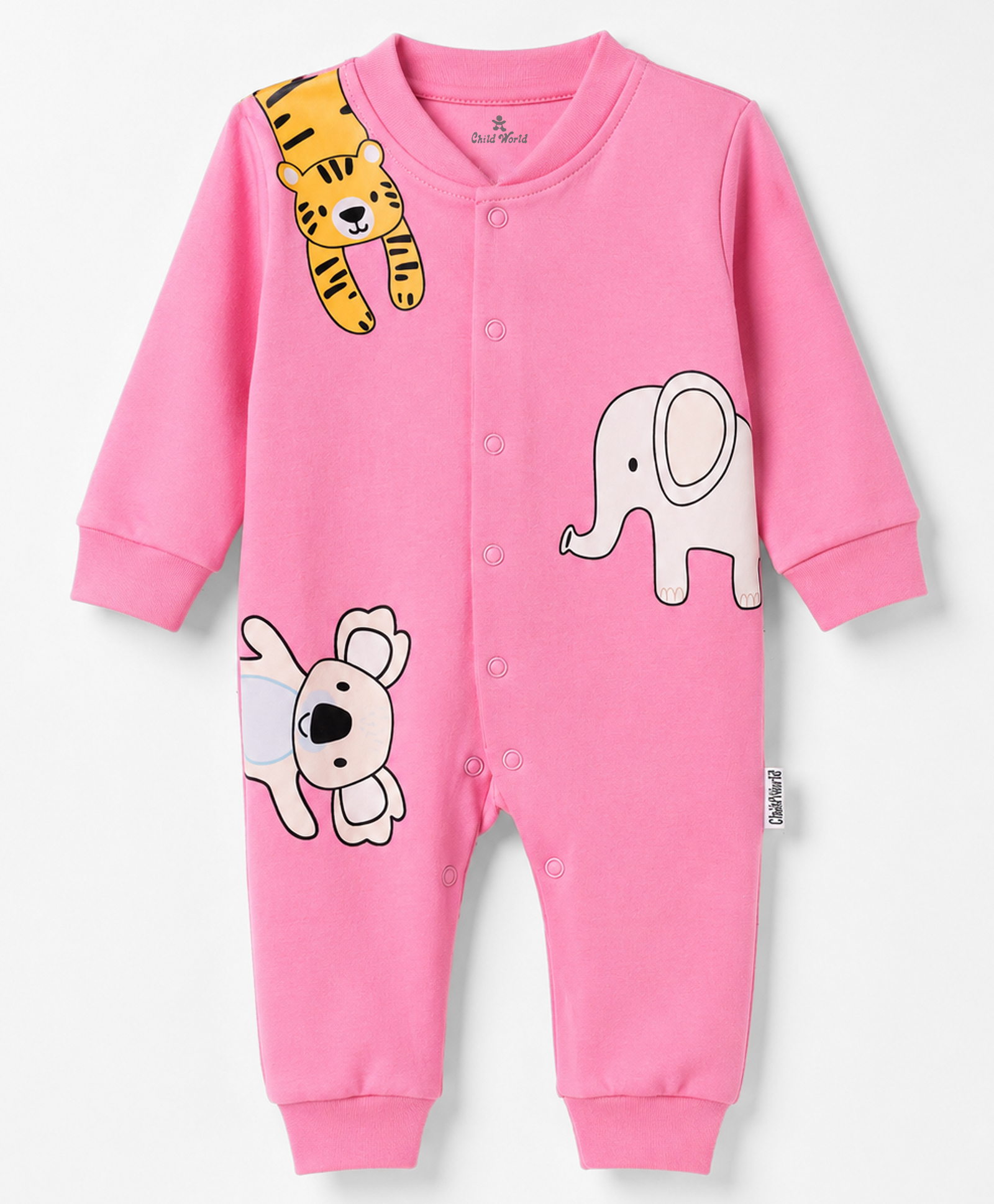 Child World Interlock Knit Full Sleeves Rompers With Animal Print - Pink-picture-33