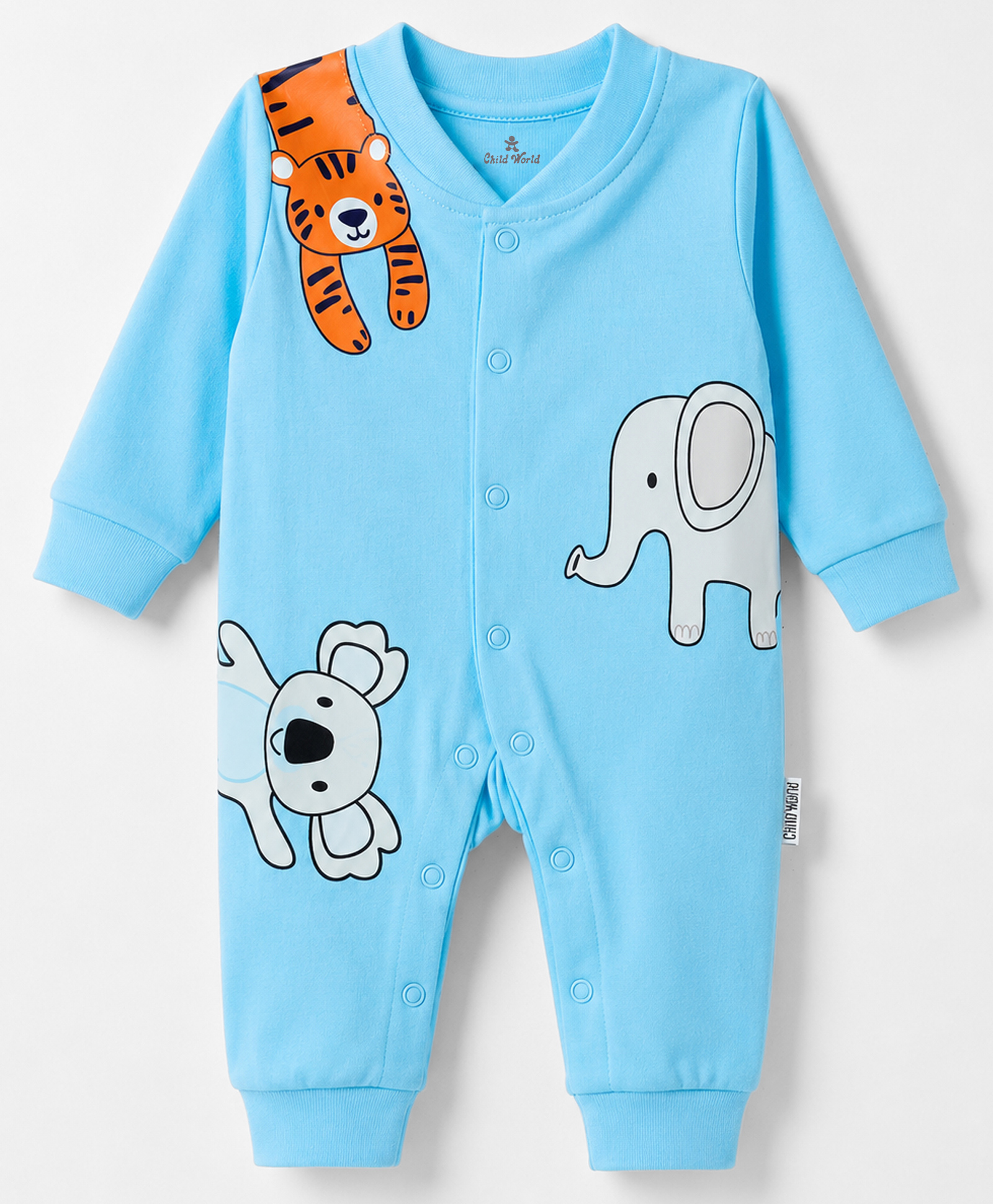 Child World Interlock Knit Full Sleeves Rompers With Animal Print - Light Blue-picture-27