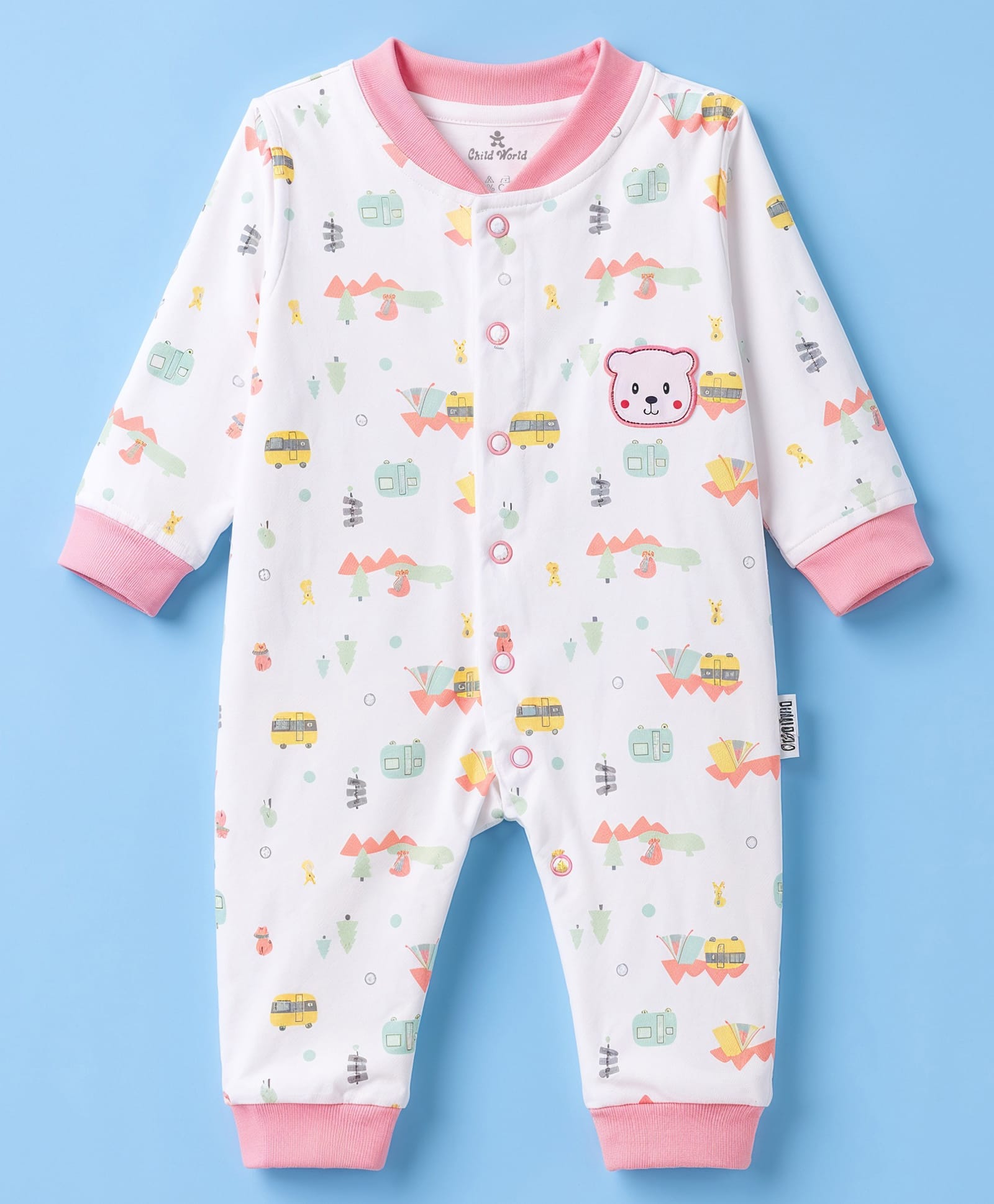 Child World Interlock Knit Full Sleeves Rompers With Vehicle Print & Bear Applique- Pink-picture-35