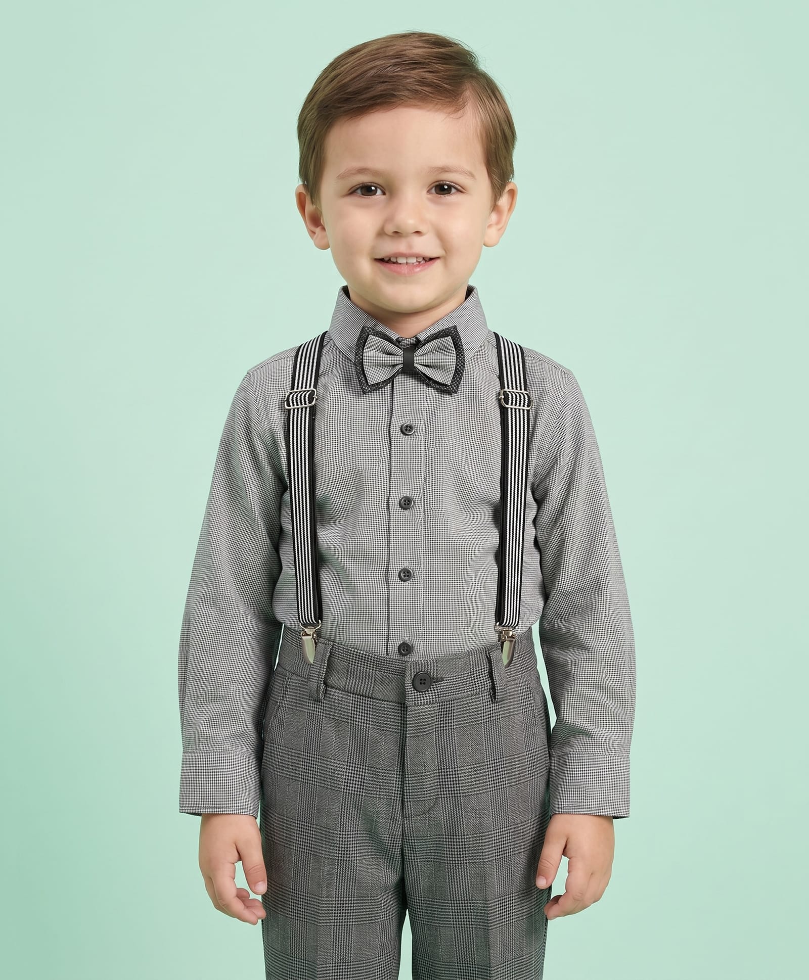 Rikidoos Cotton Woven Full Sleeves Solid Shirt & Checked Pant Set With Suspender & Bow - Grey & Charcoal Grey-picture-13