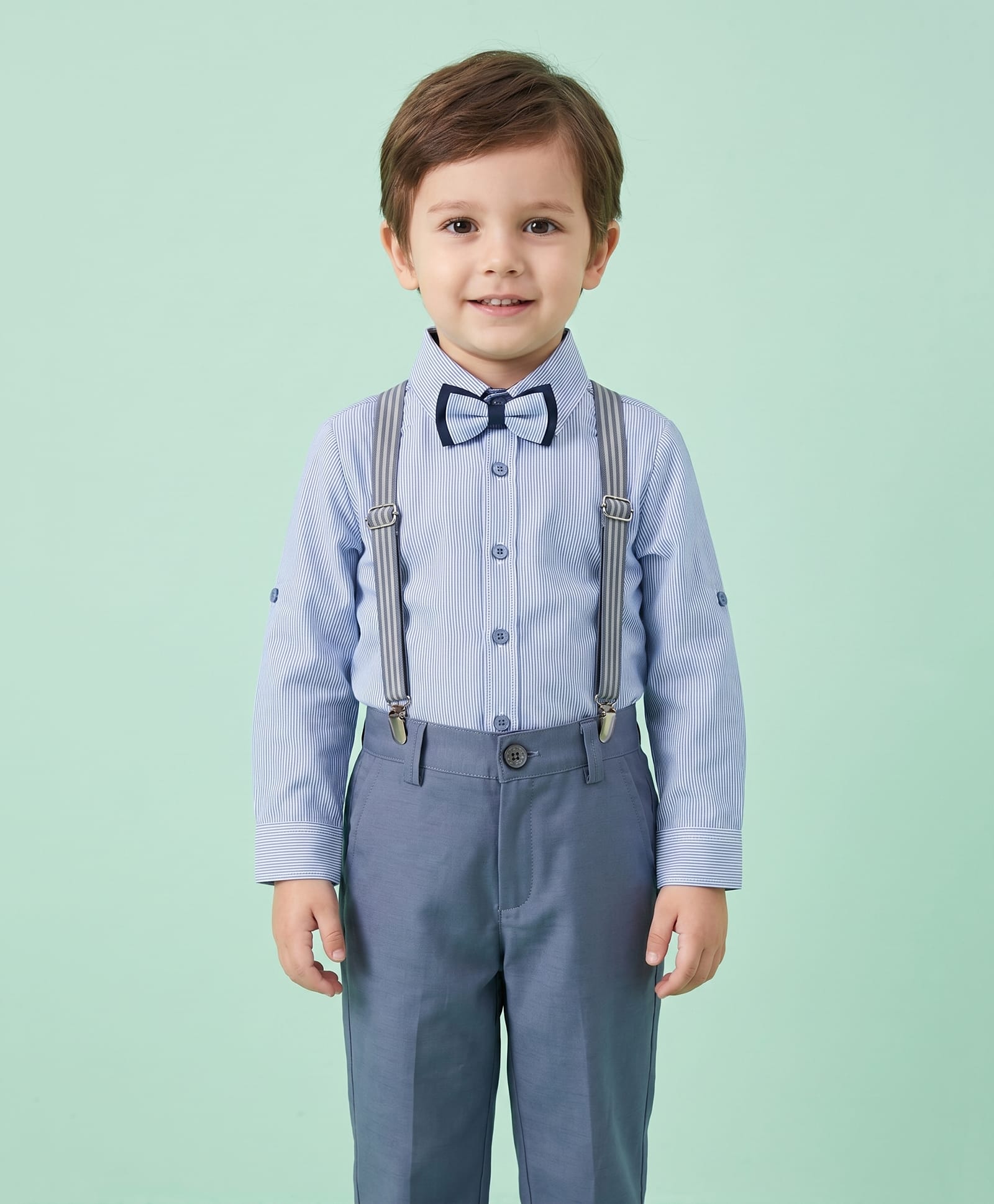Rikidoos Cotton Woven Full Sleeves Checked Shirt & Pant Set With Suspender & Bow - Light & Navy Blue-picture-17