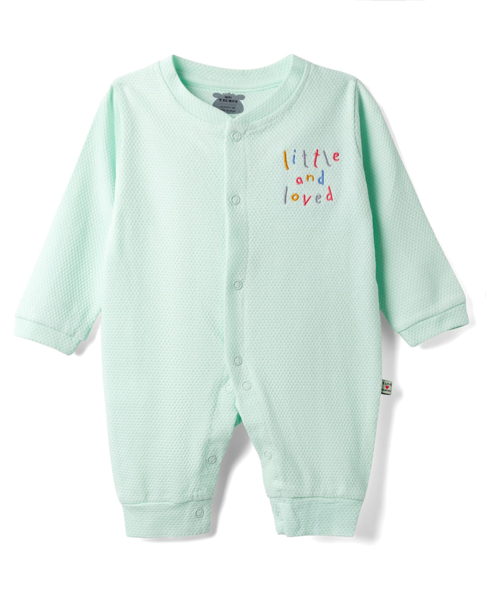 Mini Taurus 100% Cotton Knit Full Sleeves Text Embroidered Romper - Mint-picture-35
