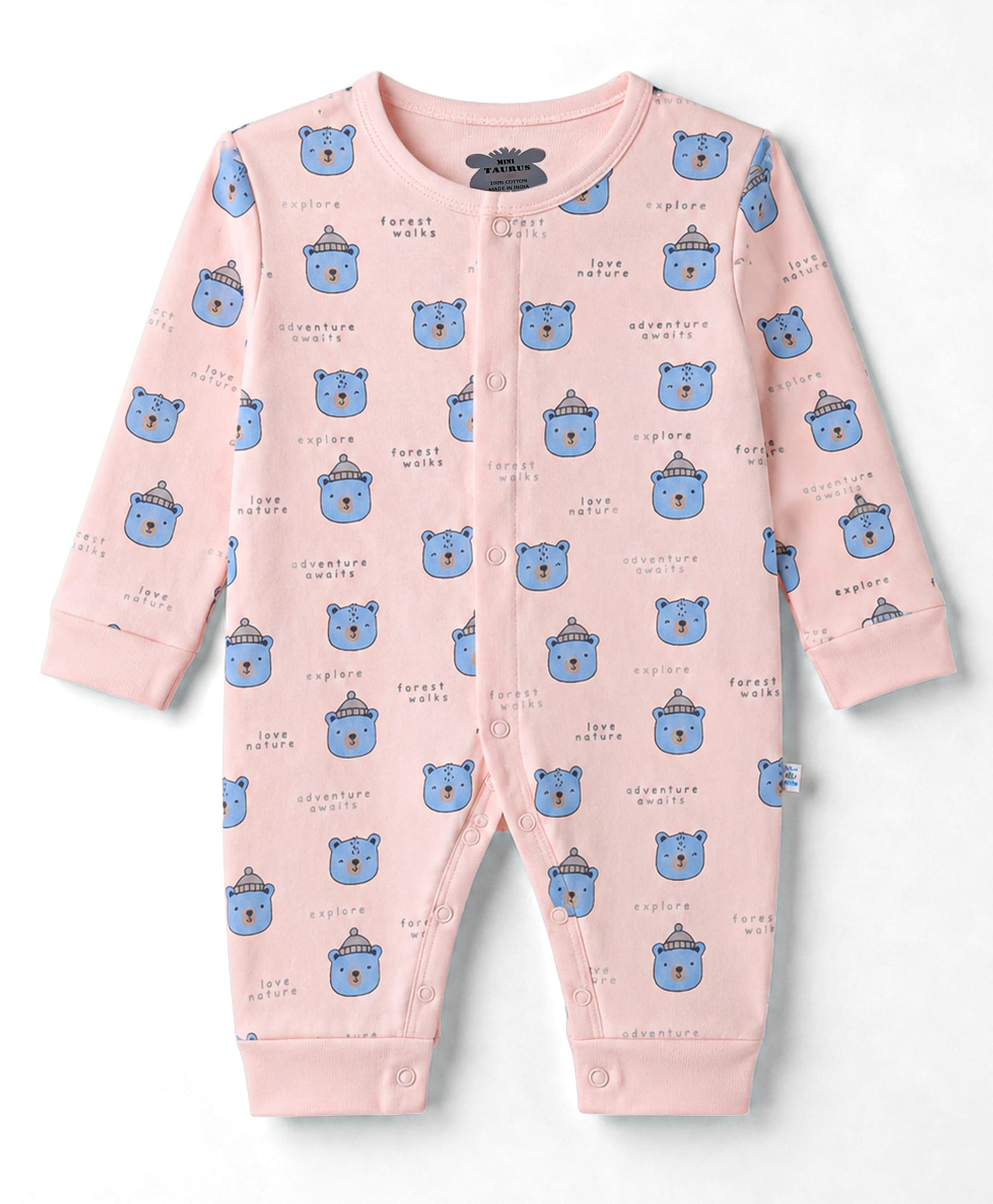 Mini Taurus 100% Cotton Knit Full Sleeves Bear Printed Romper - Peach-image-9