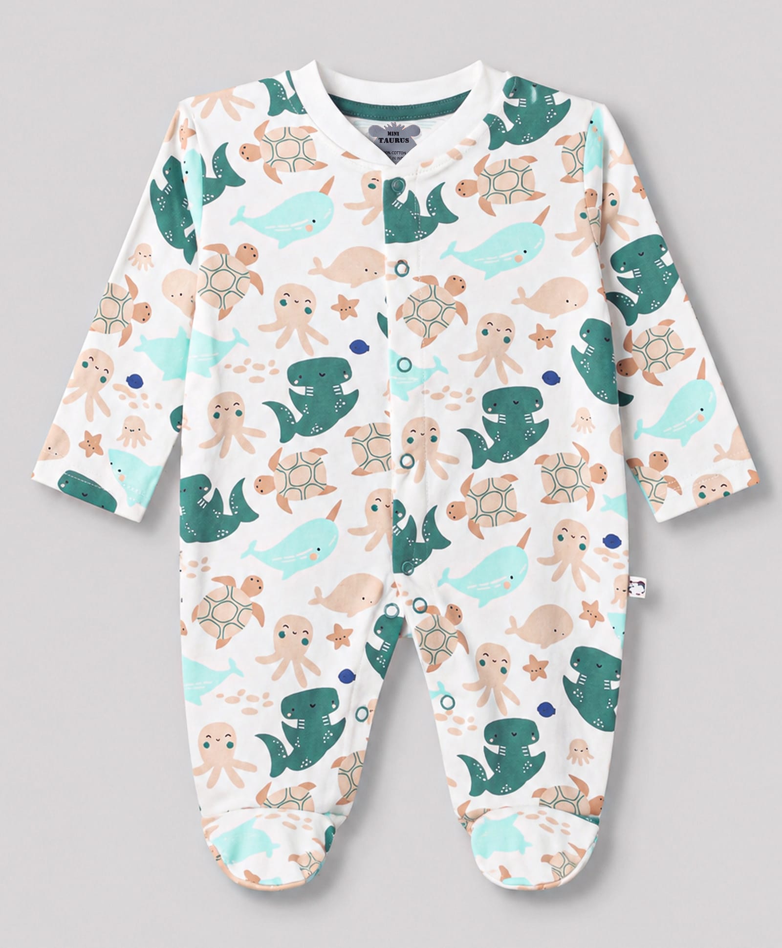 Mini Taurus 100% Cotton Knit Full Sleeves Sea Life Printed Sleepsuit - Green-image-49