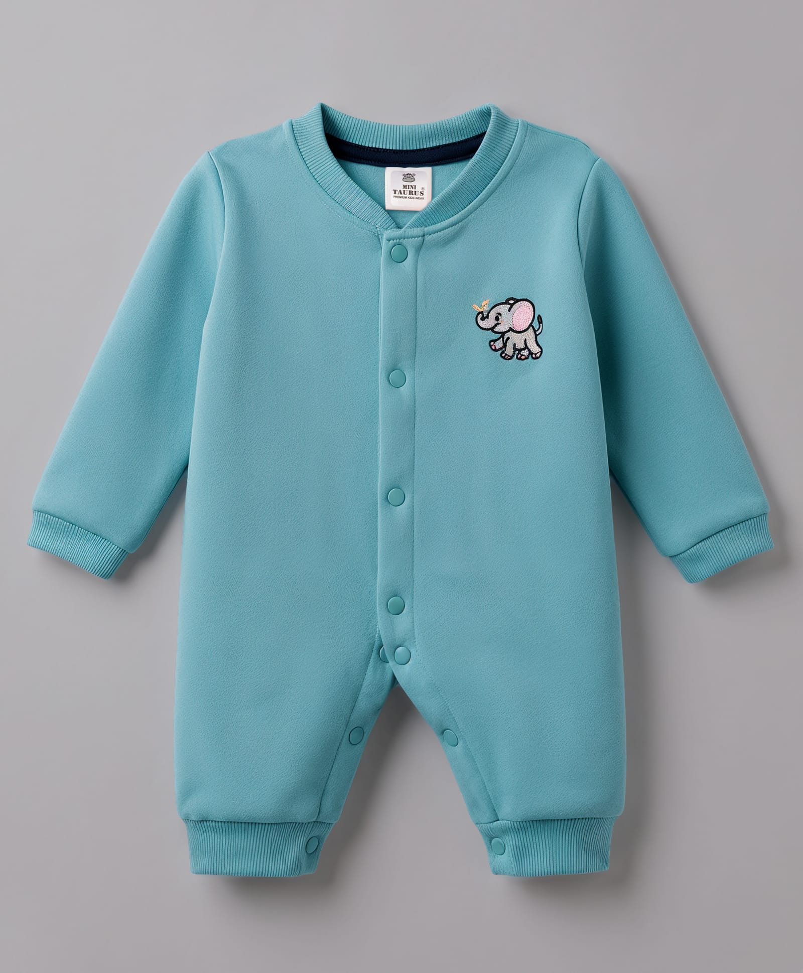 Mini Taurus 100% Cotton Knit Full Sleeves Elephant Embroidered Sleepsuit - Light Blue-picture-11