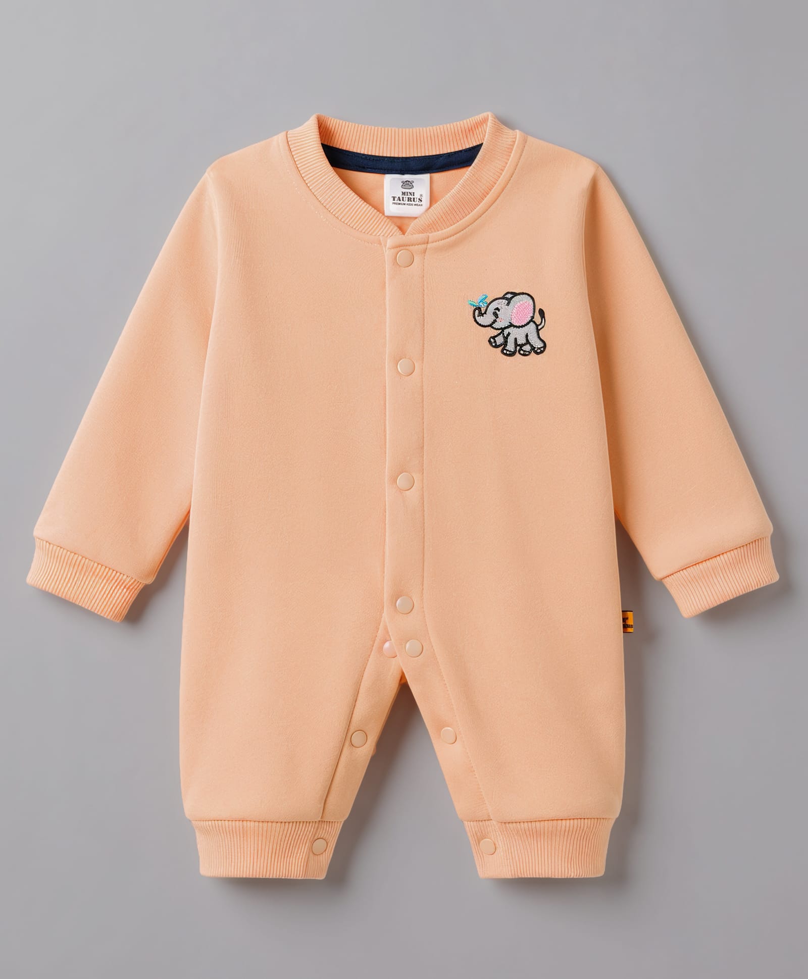 Mini Taurus 100% Cotton Knit Full Sleeves Elephant Embroidered Sleepsuit - Orange-picture-19