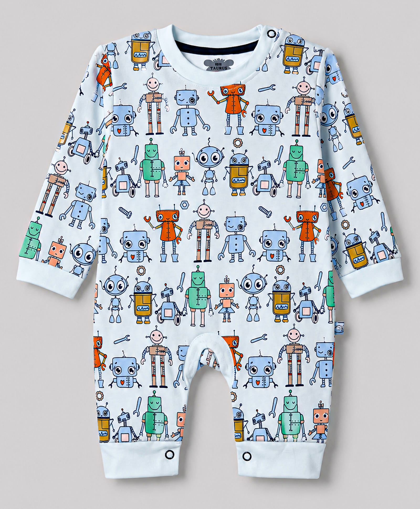 Mini Taurus 100% Cotton Knit Full Sleeves Robots Printed Romper - Light Blue-picture-38