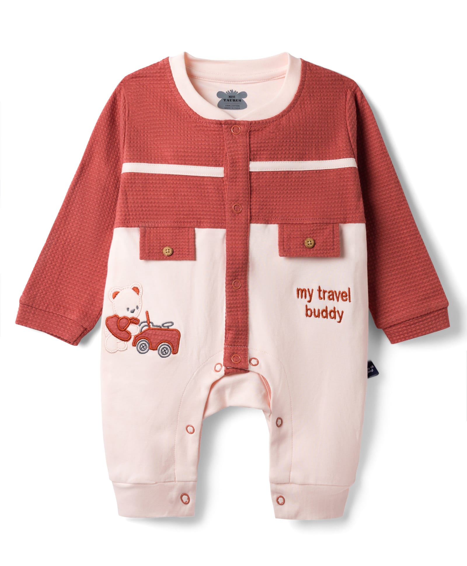 Mini Taurus 100% Cotton Knit Full Sleeves Bear & Text Embroidered Romper - Rust Orange-picture-9