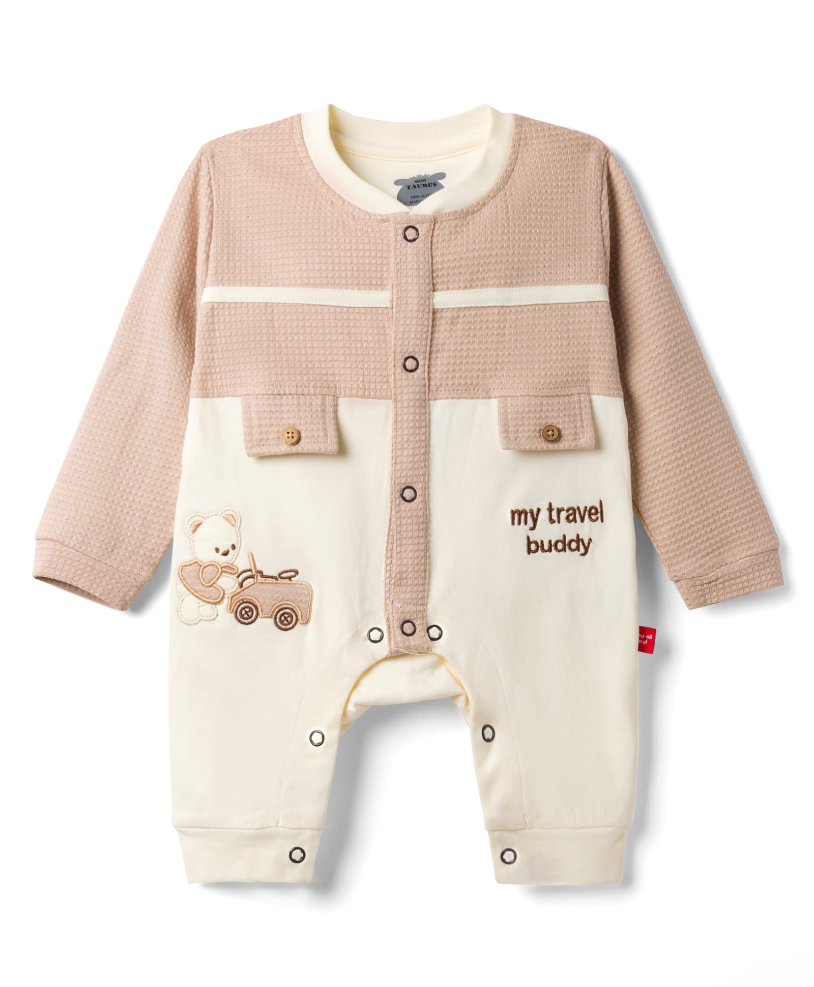Mini Taurus 100% Cotton Knit Full Sleeves Bear & Text Embroidered Romper - Beige-picture-4
