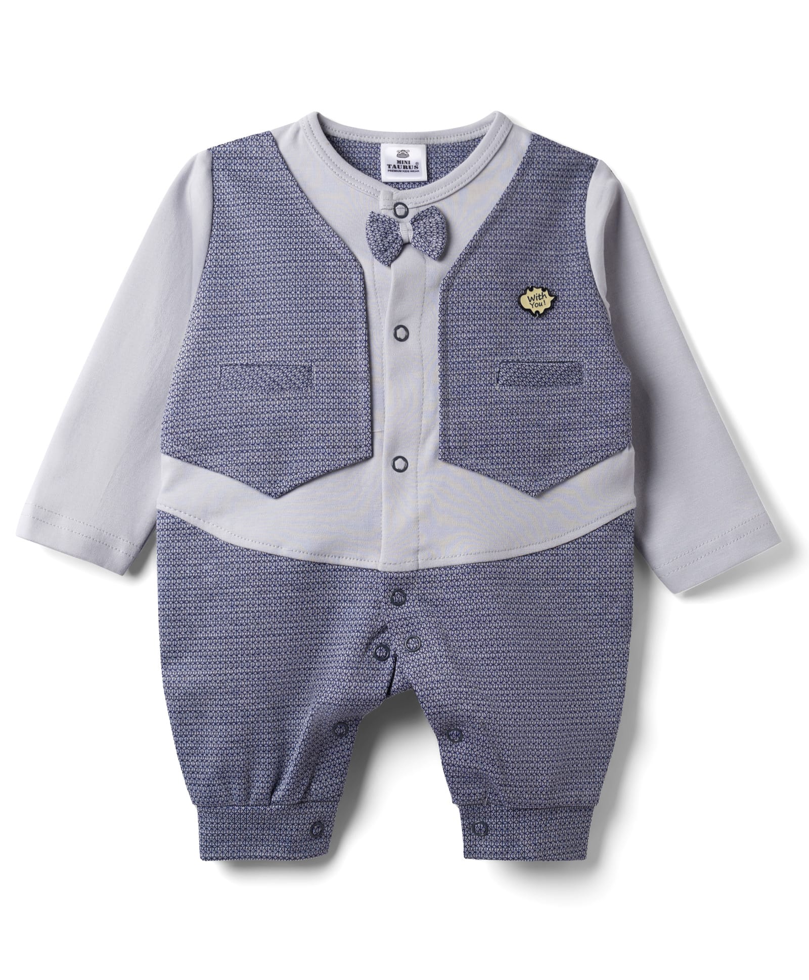 Mini Taurus 100% Cotton Knit Full Sleeves Checked Romper With Bow Applique & Patch - Blue-image-3