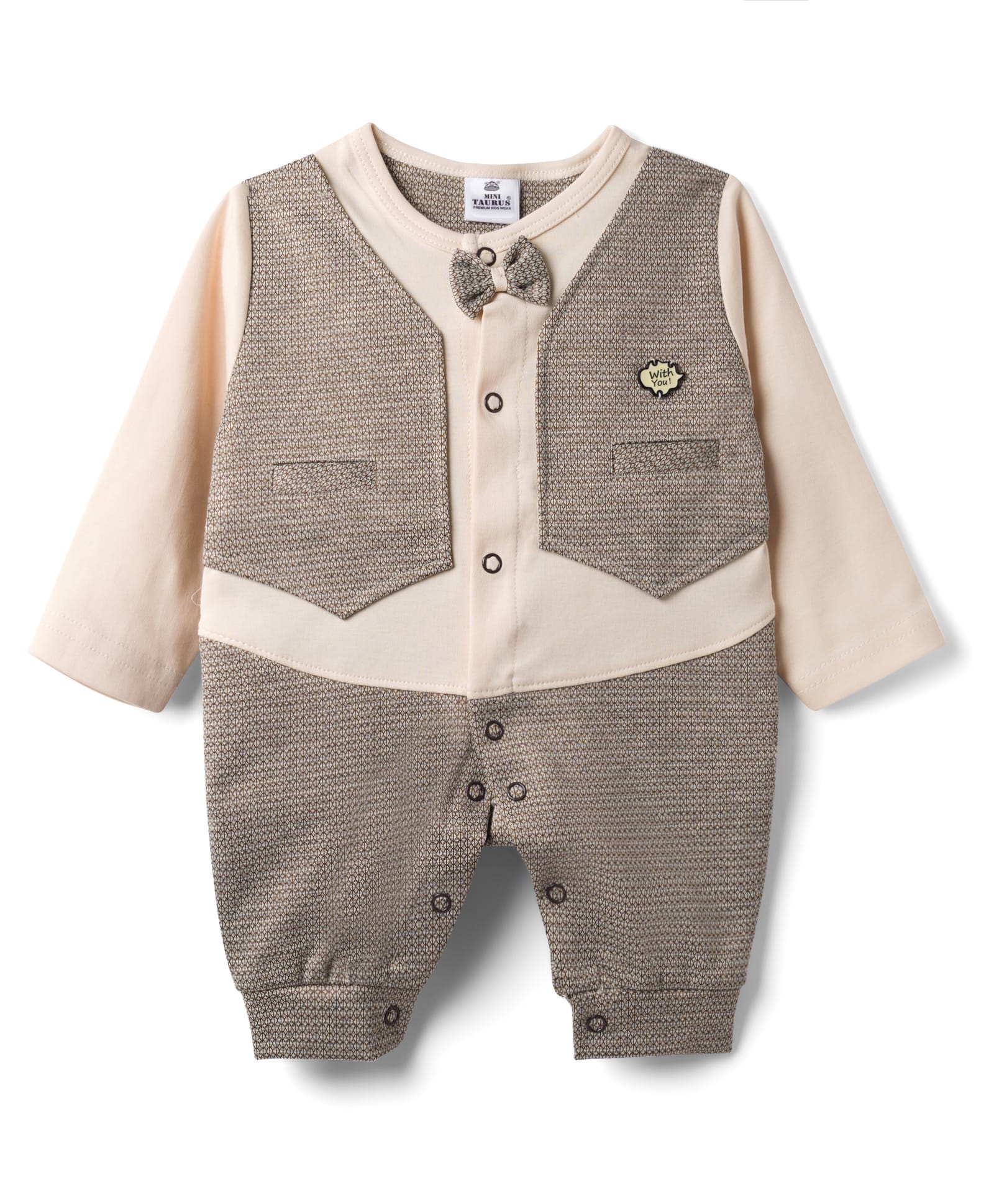 Mini Taurus 100% Cotton Knit Full Sleeves Checked Romper With Bow Applique & Patch - Brown-picture-22
