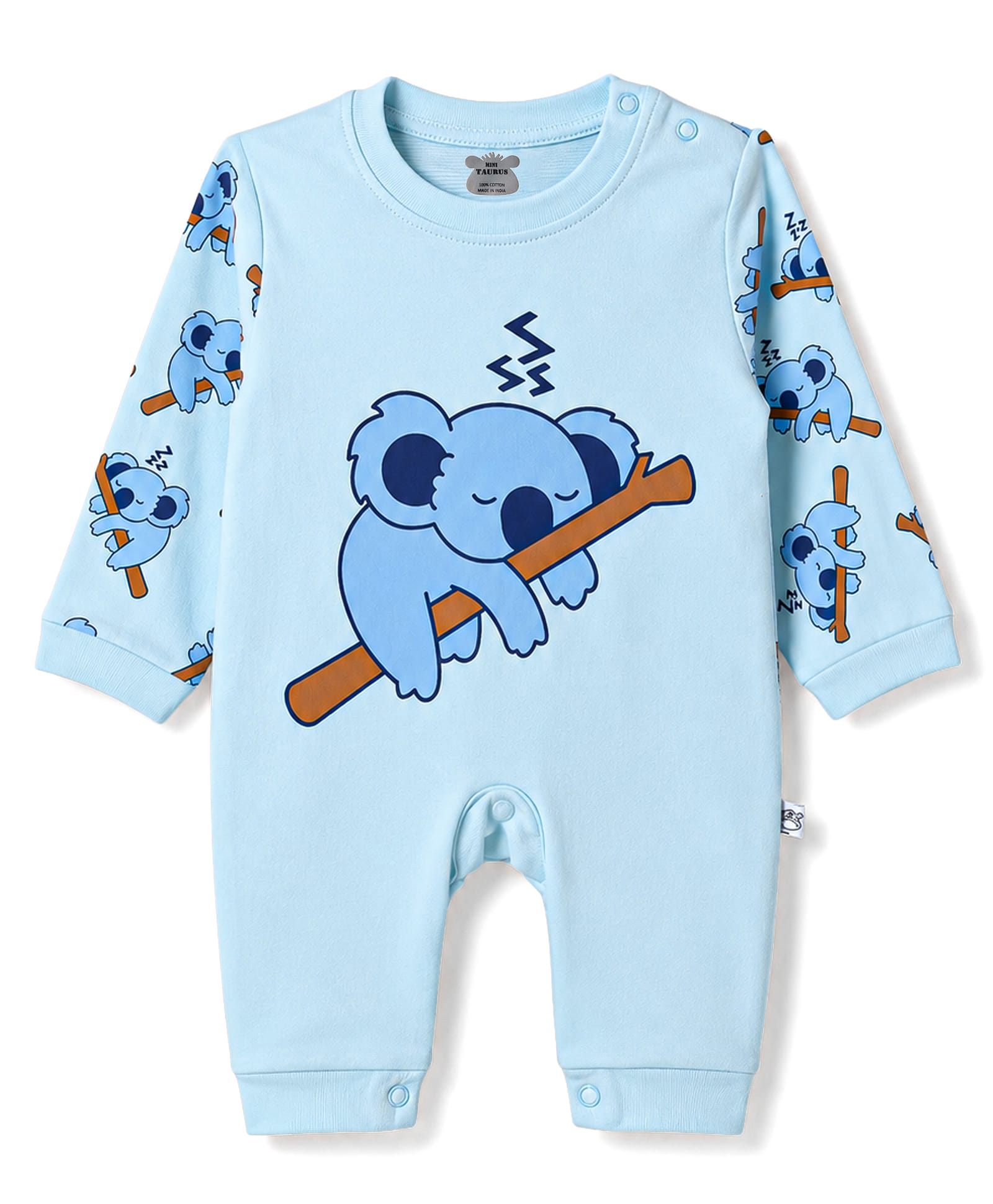 Mini Taurus 100% Cotton Knit Full Sleeves Koala Printed Romper - Light Blue-picture-0