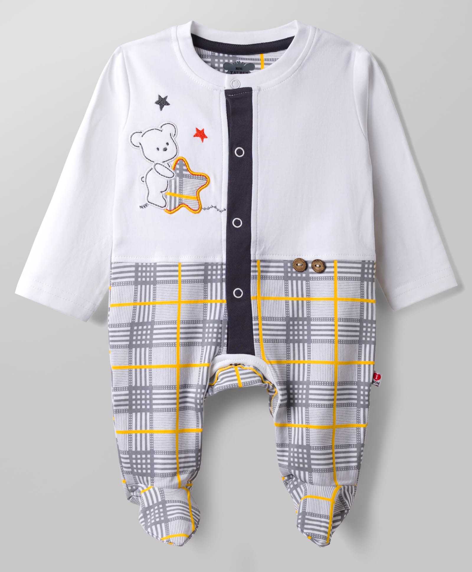 Mini Taurus 100% Cotton Knit Full Sleeves Checked Footed Romper With Bear Patch - Grey-image-46