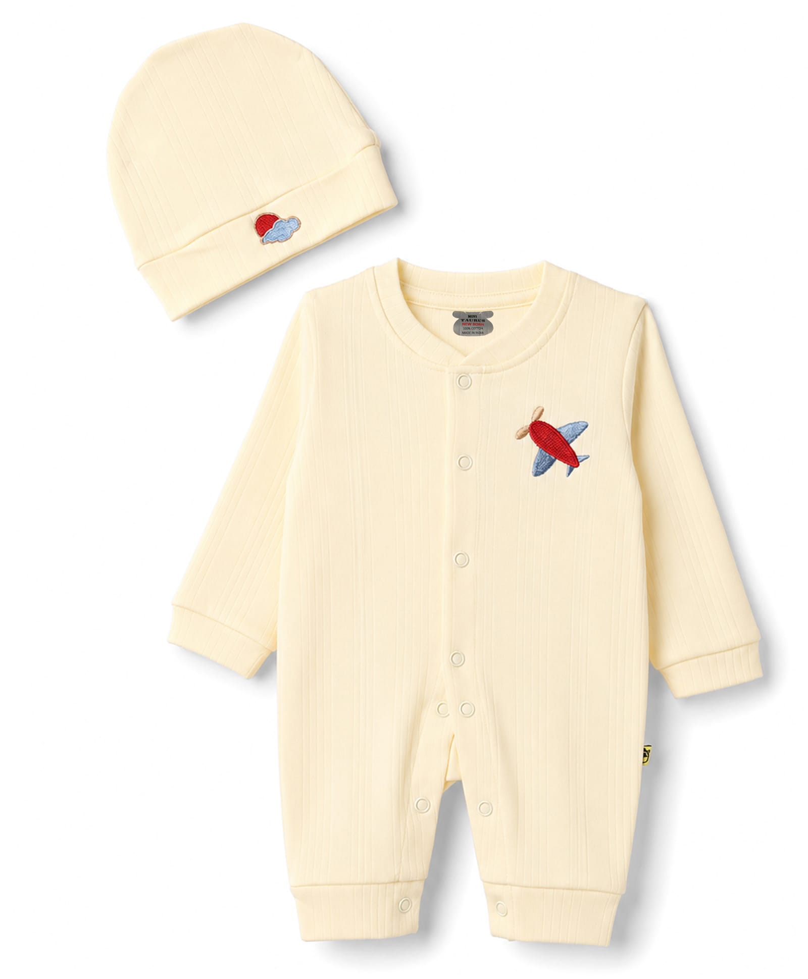 Mini Taurus 100% Cotton Knit Full Sleeves Aeroplane Embroidered Romper With Cap - Cream-picture-19