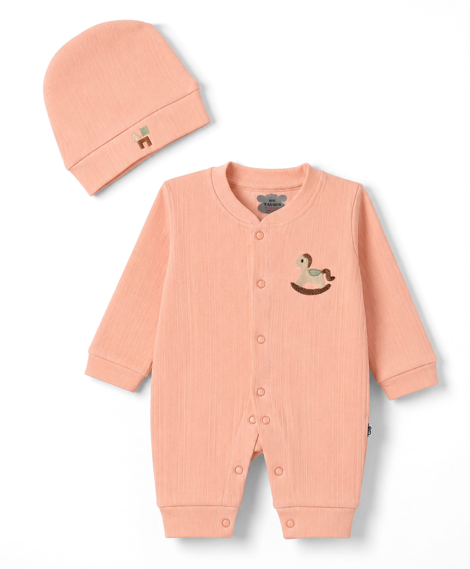 Mini Taurus 100% Cotton Knit Full Sleeves Toys Embroidered Romper With Cap - Peach-picture-22