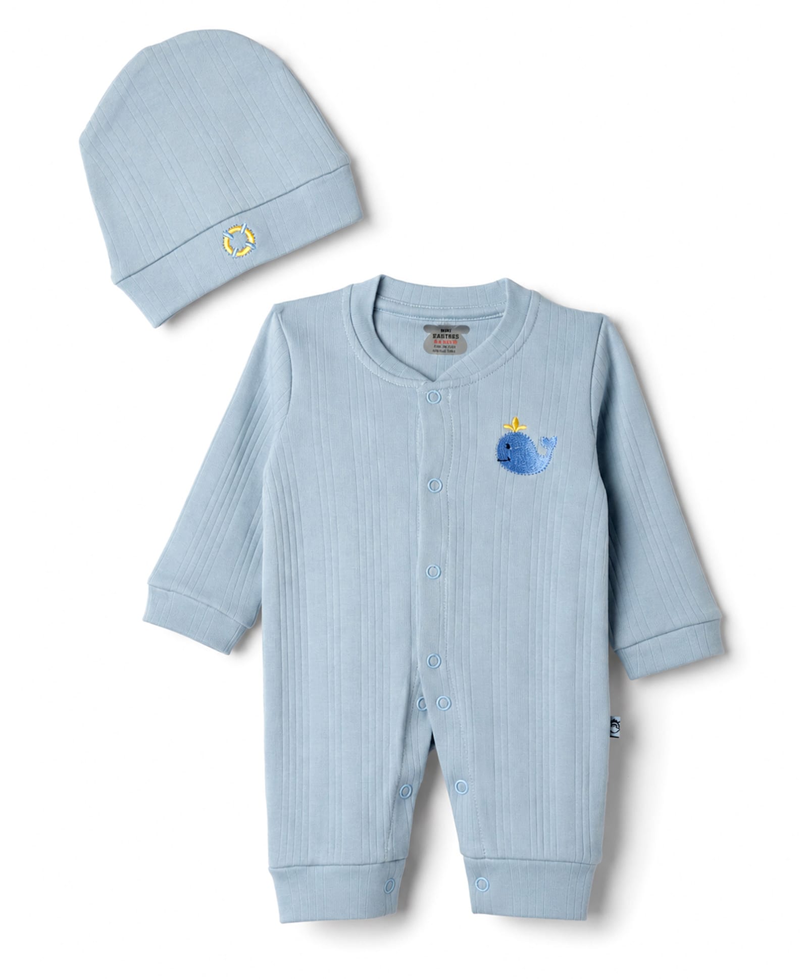 Mini Taurus 100% Cotton Knit Full Sleeves Sea Life Embroidered Romper With Cap - Light Blue-picture-1