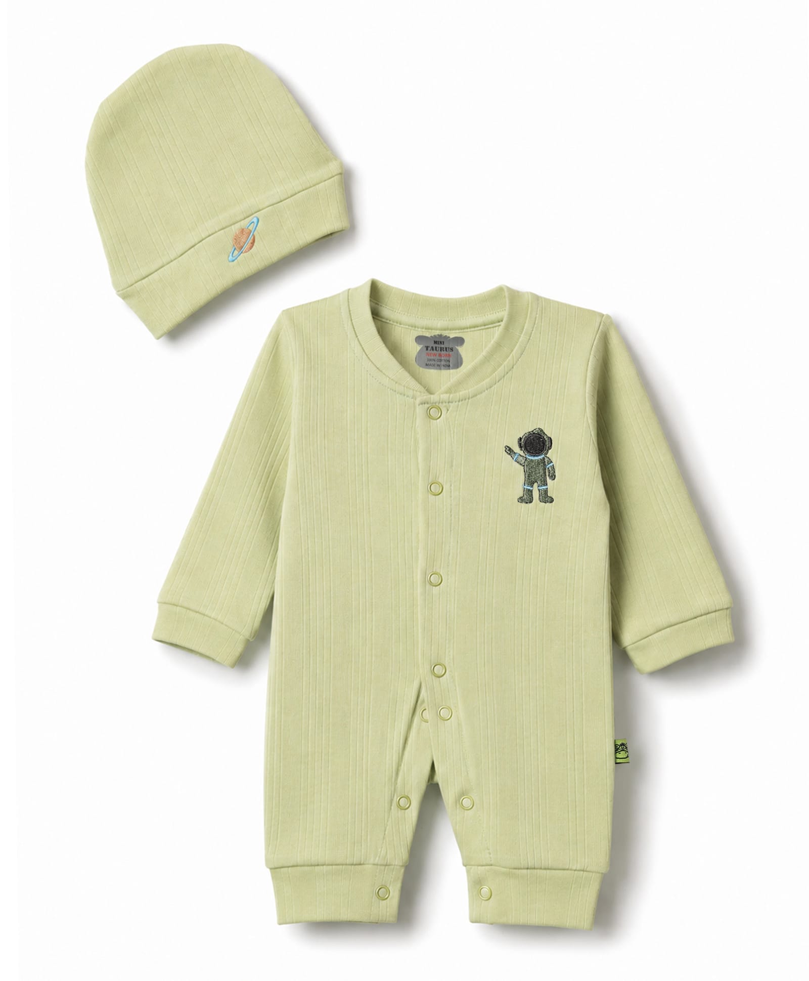 Mini Taurus 100% Cotton Knit Full Sleeves Astronaut Embroidered Romper With Cap - Light Green-picture-18