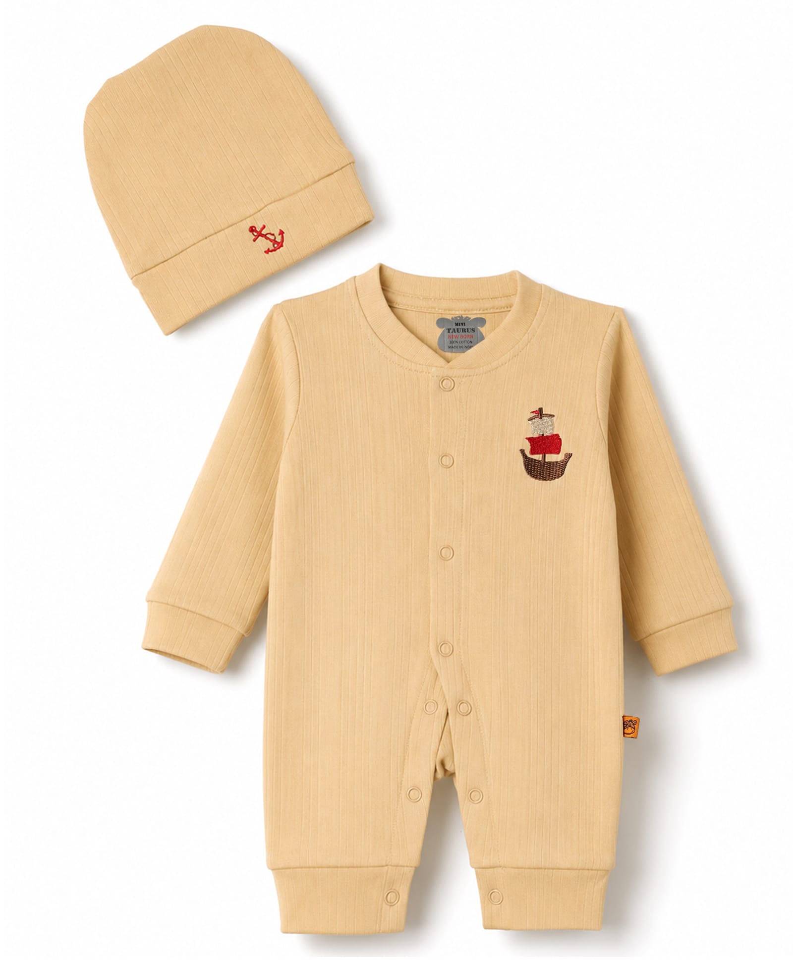 Mini Taurus 100% Cotton Knit Full Sleeves Nautical Theme Embroidered Romper With Cap - Cream-picture-20