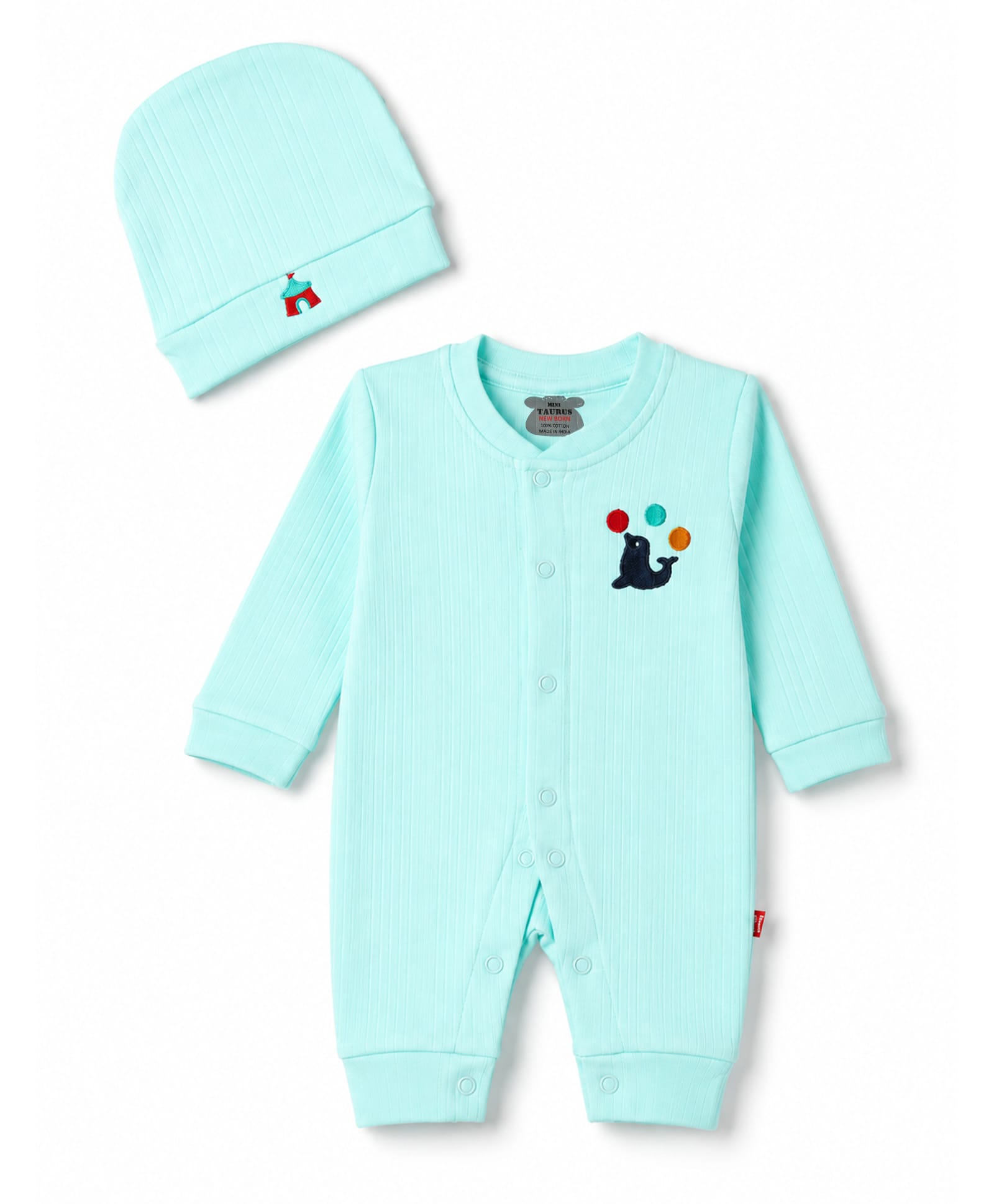 Mini Taurus 100% Cotton Knit Full Sleeves Sea Life Embroidered Romper With Cap - Aqua Blue-image-38