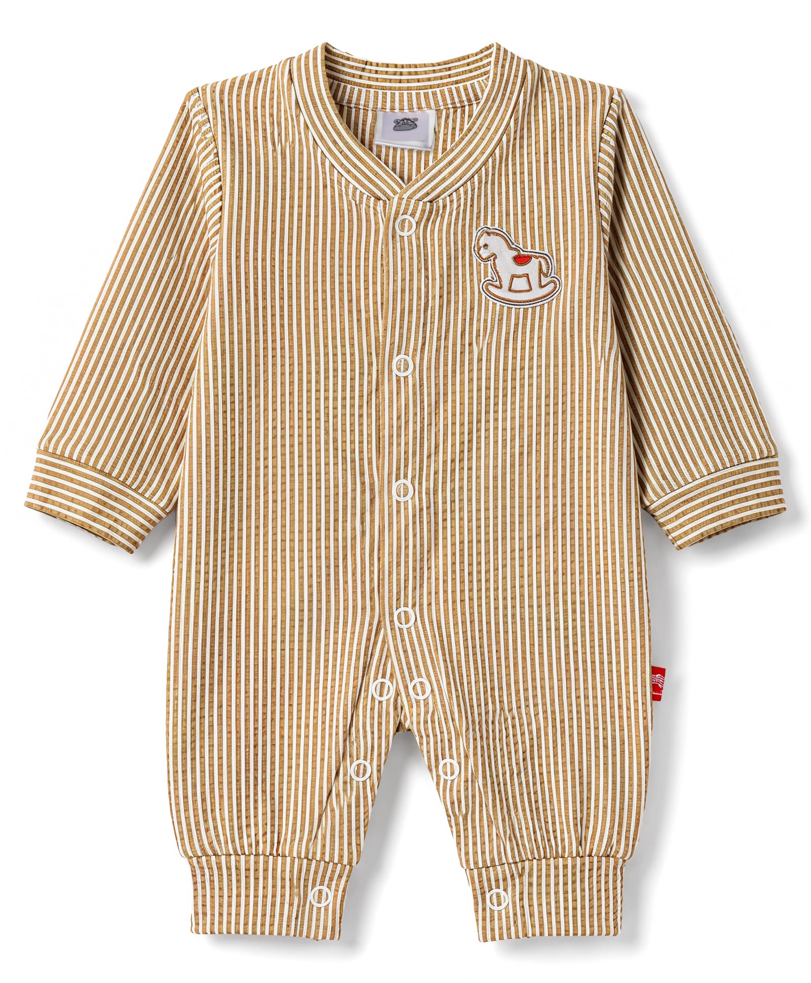 Mini Taurus 100% Cotton Knit Full Sleeves Striped Romper With Patch - Mustard-picture-49