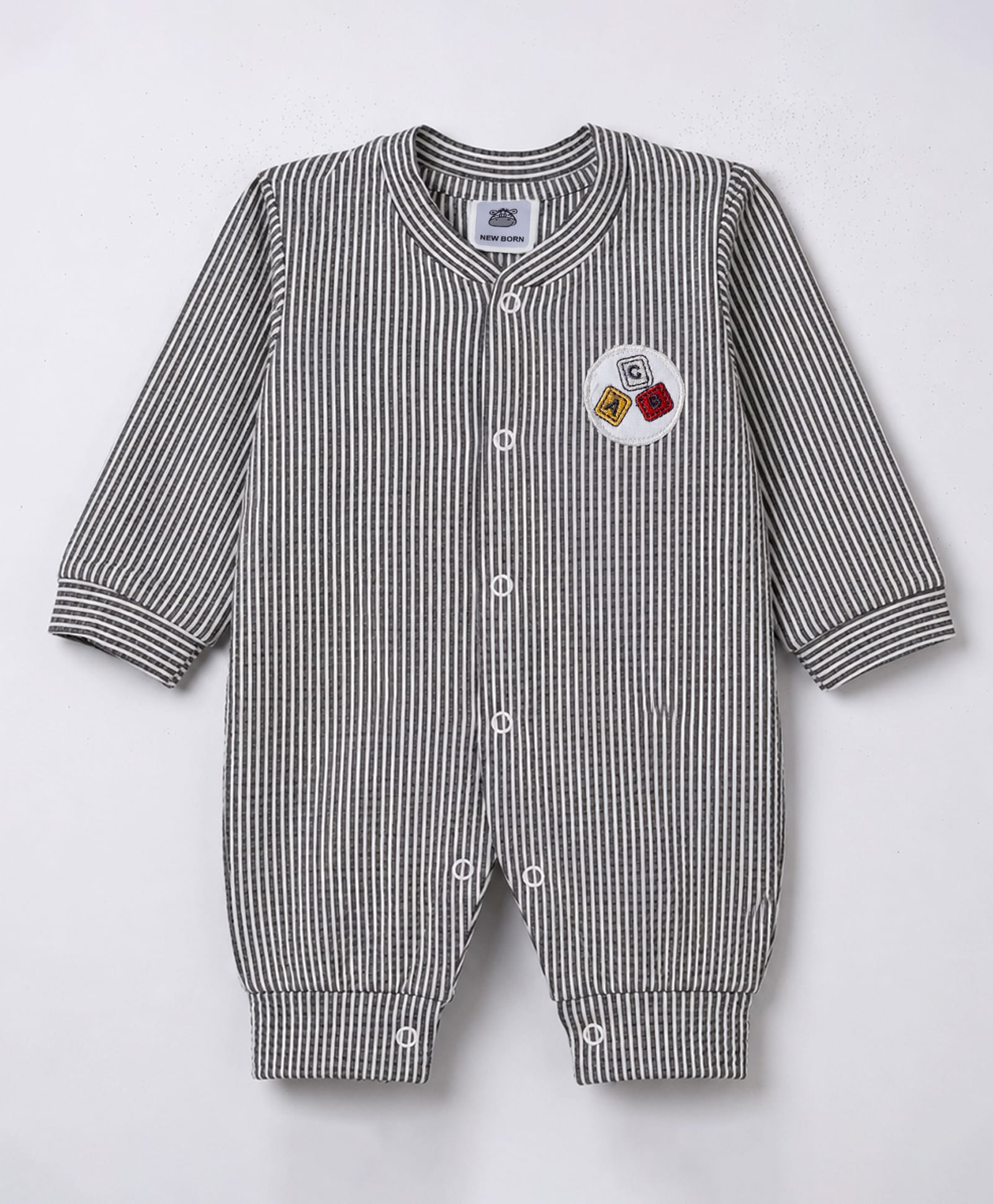 Mini Taurus 100% Cotton Knit Full Sleeves Striped Romper With Patch - Black-image-31