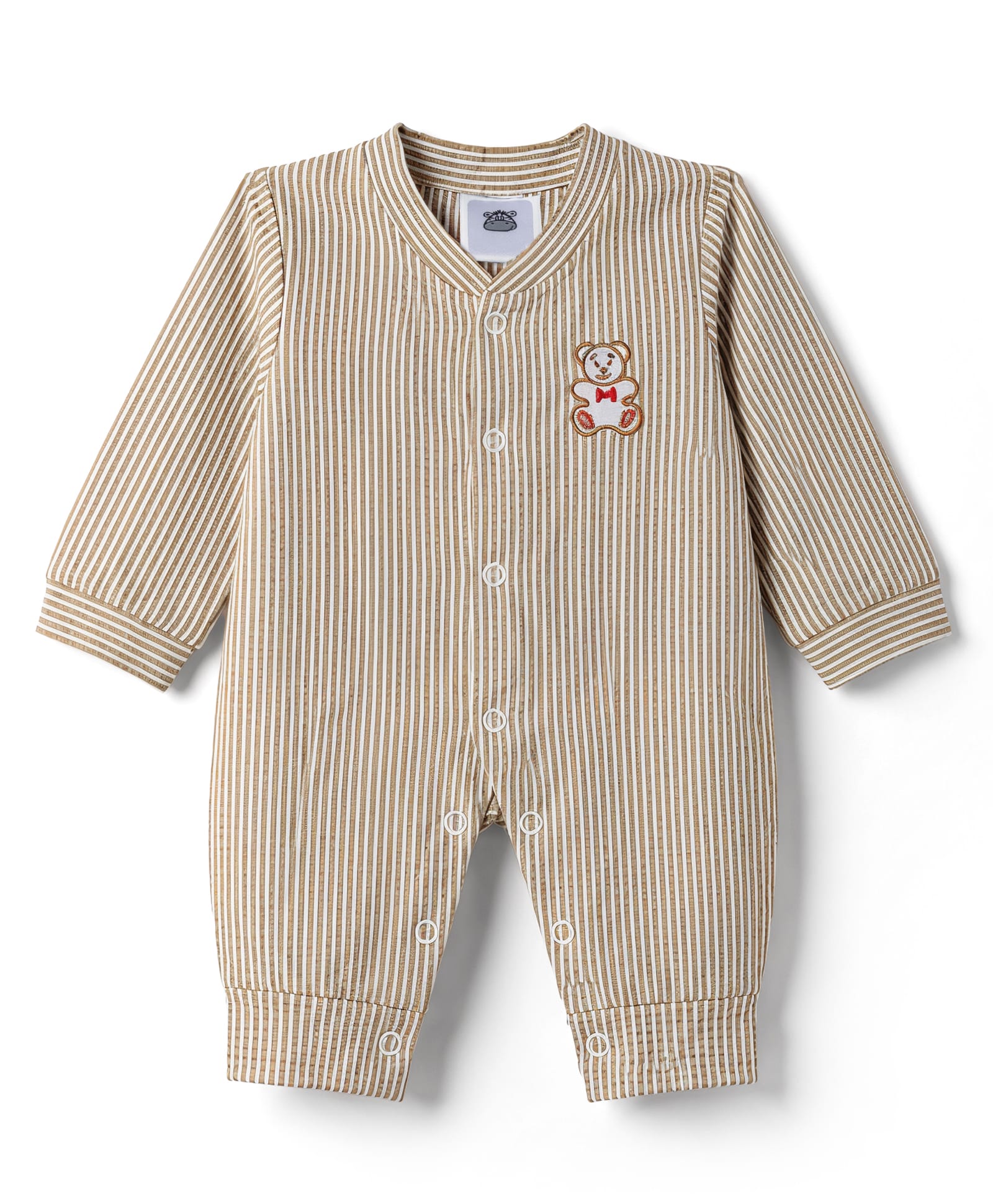Mini Taurus 100% Cotton Knit Full Sleeves Striped Romper With Bear Embroidery - Brown-image-28