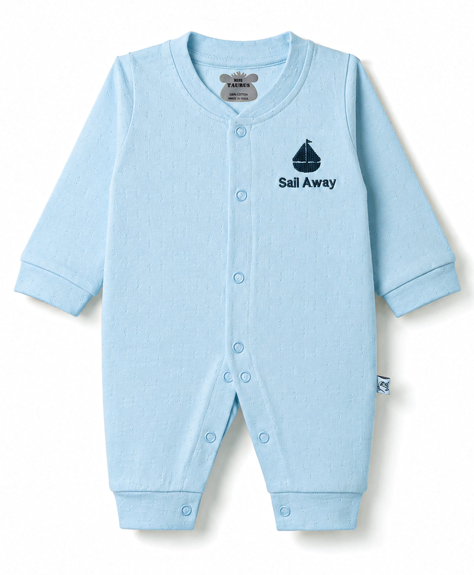 Mini Taurus 100% Cotton Knit Full Sleeves Nautical Theme Embroidered Sleepsuit - Light Blue-picture-26