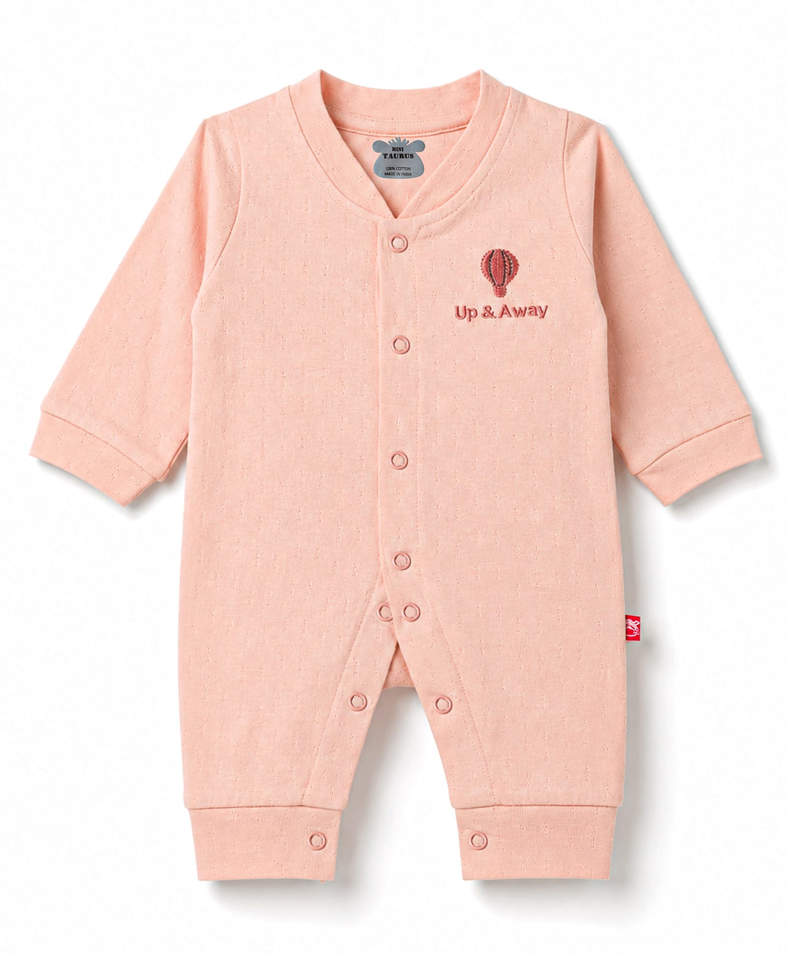 Mini Taurus 100% Cotton Knit Full Sleeves Parachute Embroidered Sleepsuit - Peach-image-21