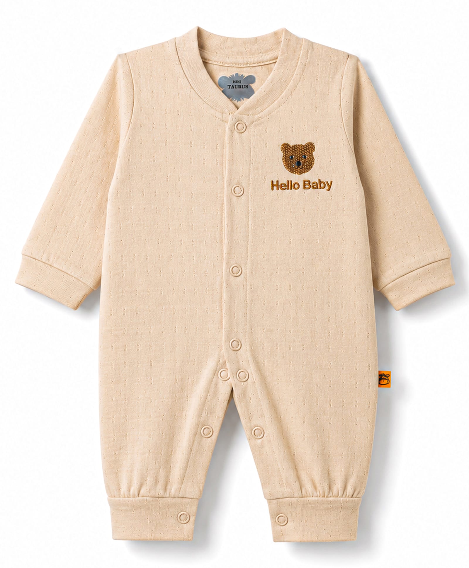 Mini Taurus 100% Cotton Knit Full Sleeves Bear Face Embroidered Sleepsuit - Beige-picture-8