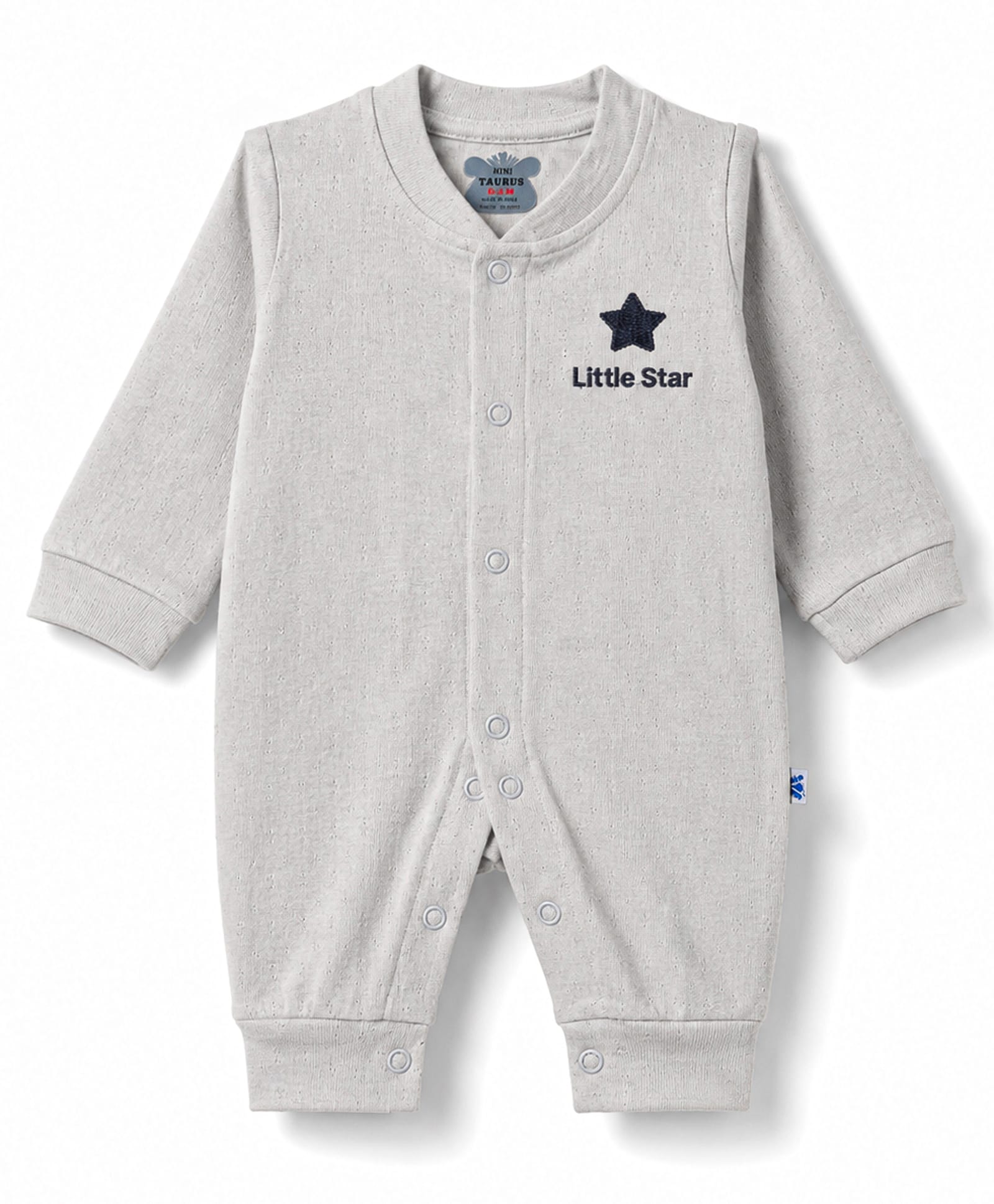 Mini Taurus 100% Cotton Knit Full Sleeves Star Embroidered Sleepsuit - Light Grey-image-31